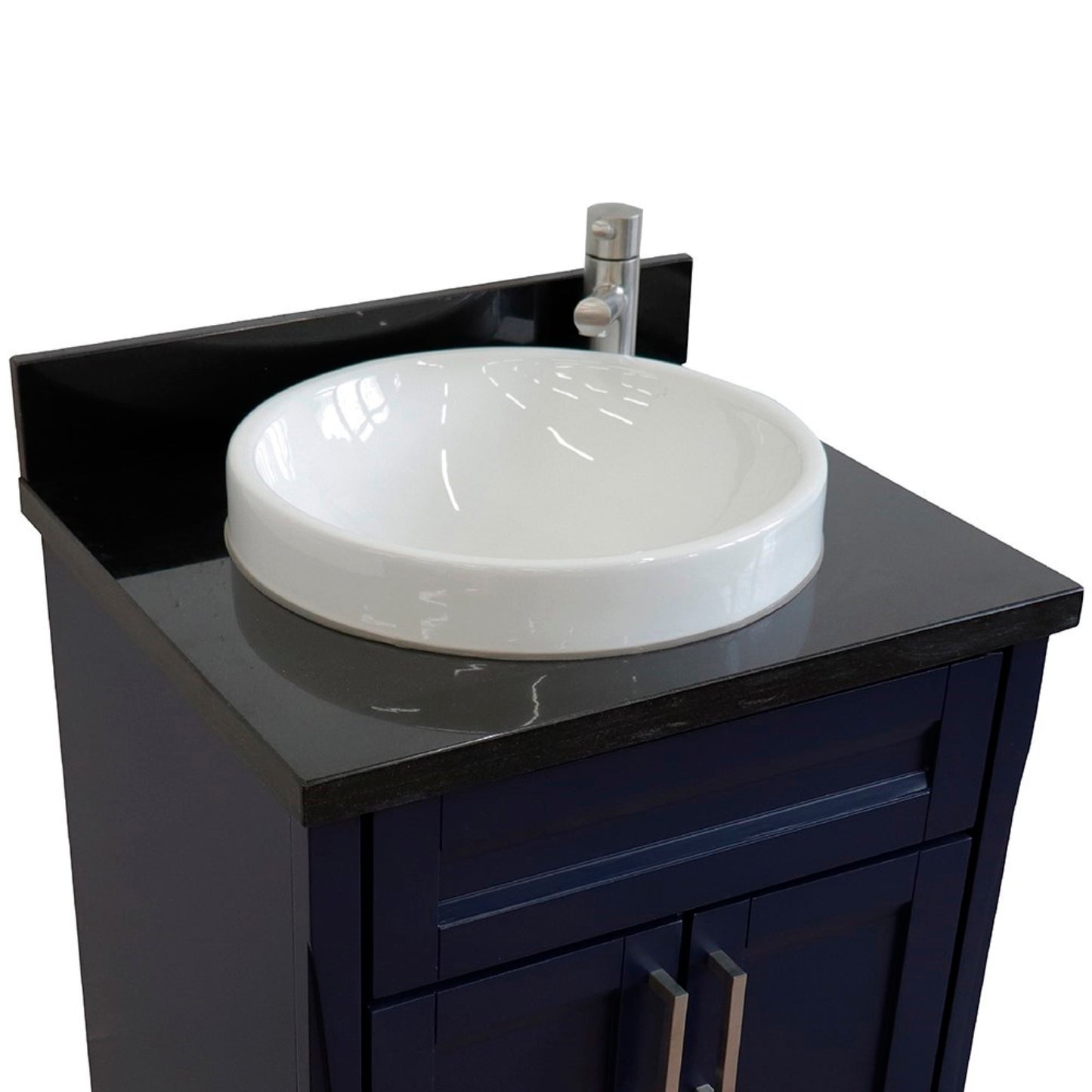 25" Single sink vanity in Blue finish with Black galaxy granite and round sink