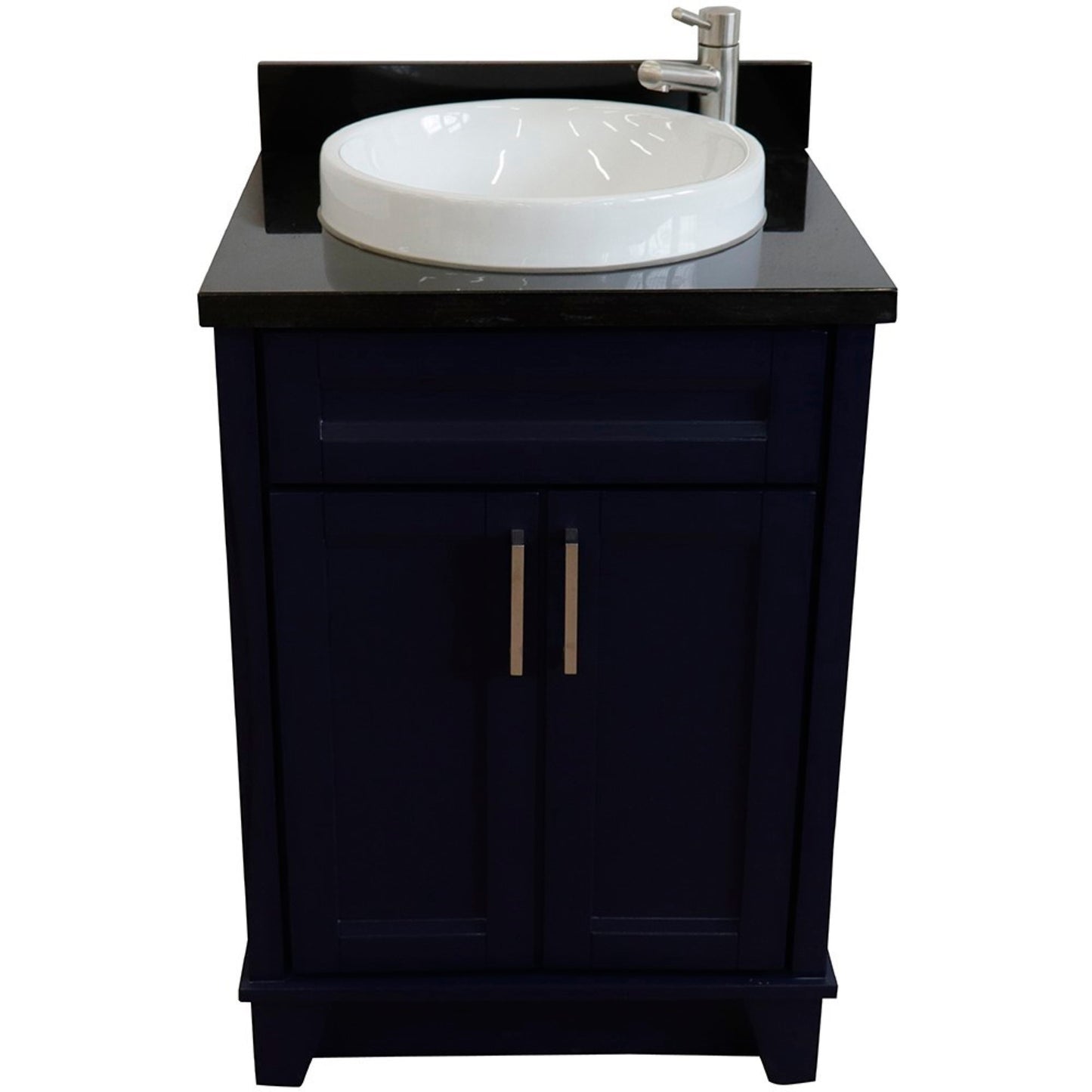 25" Single sink vanity in Blue finish with Black galaxy granite and round sink