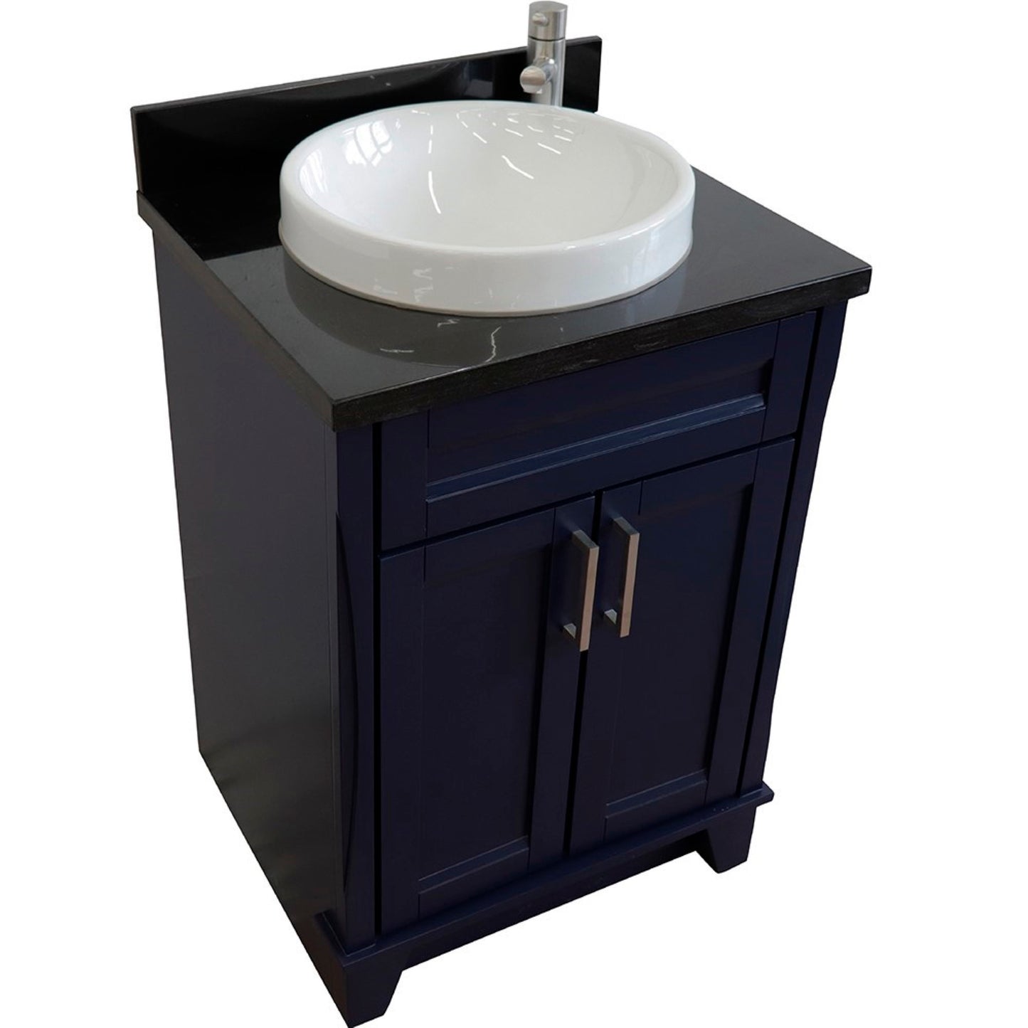 25" Single sink vanity in Blue finish with Black galaxy granite and round sink