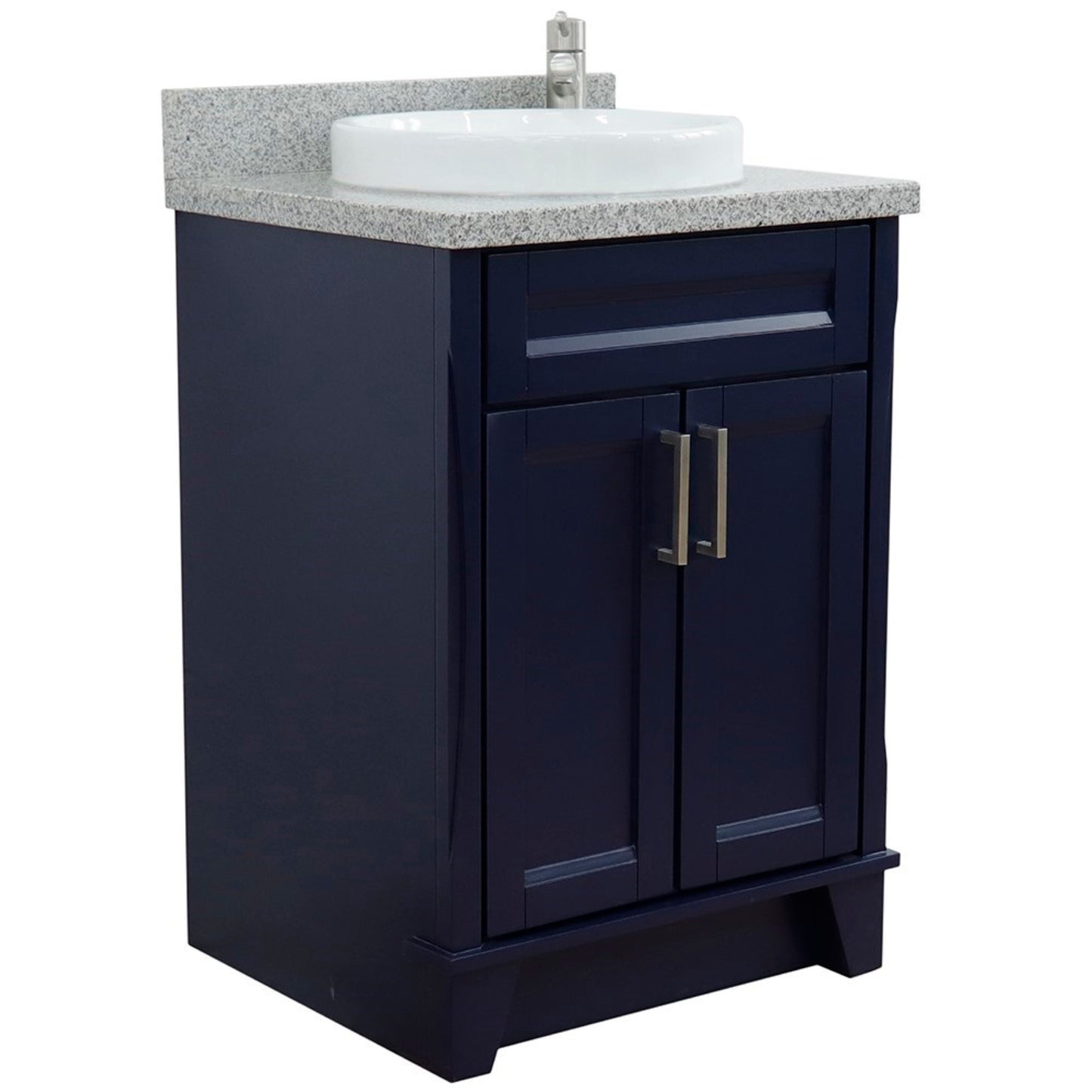 25" Single sink vanity in Blue finish with Gray granite and round sink