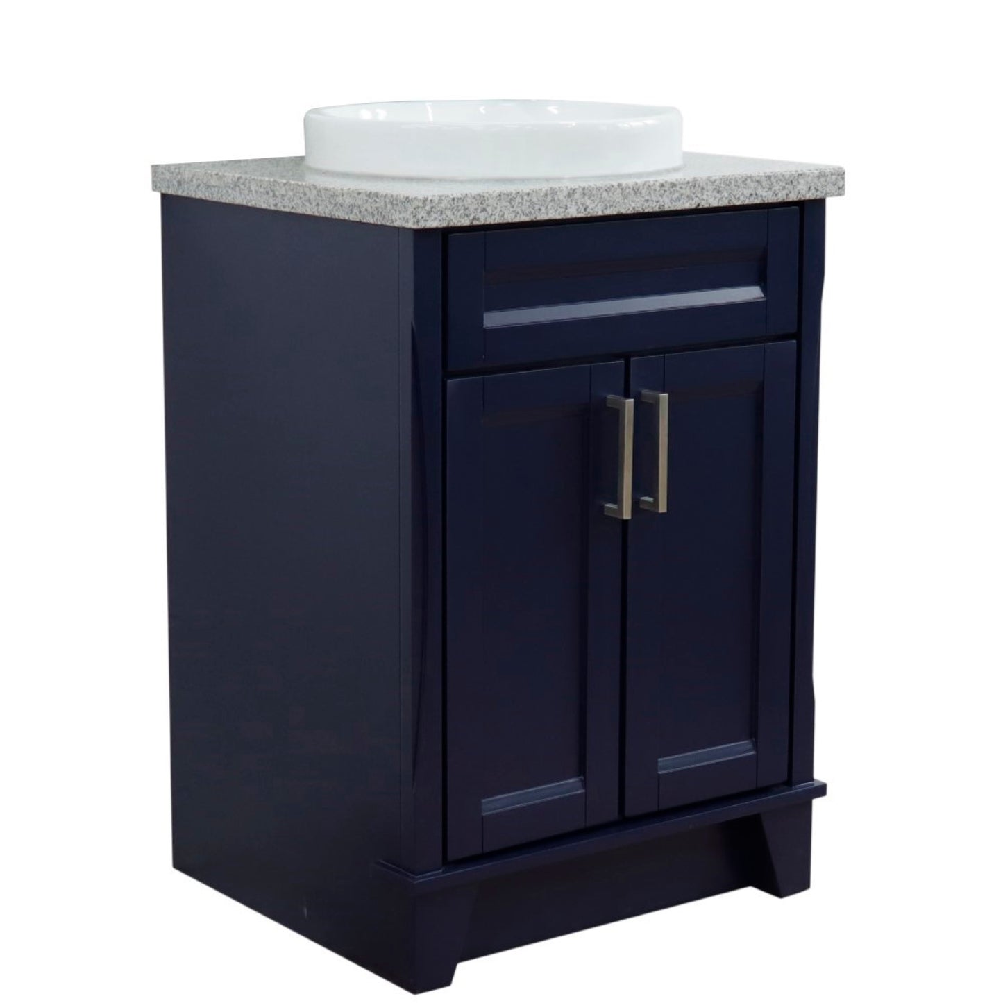 25" Single sink vanity in Blue finish with Gray granite and round sink