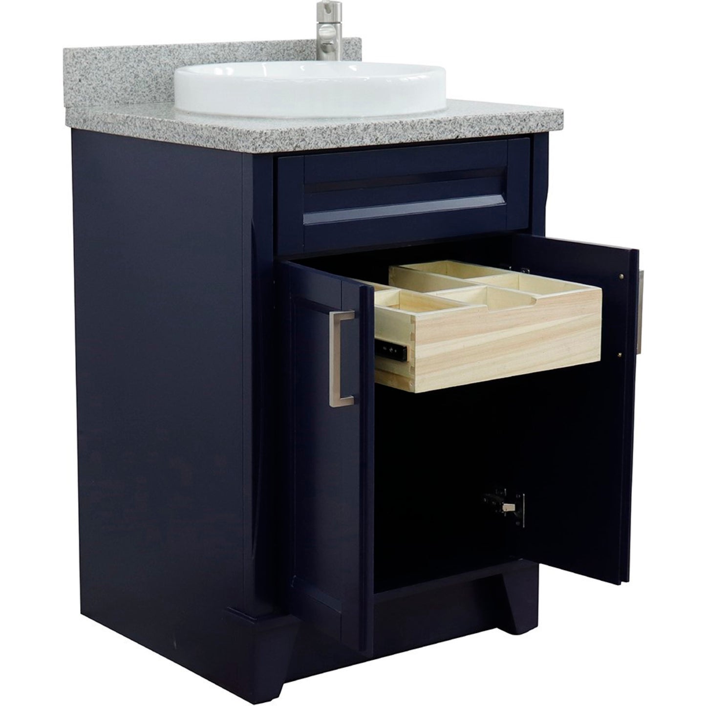 25" Single sink vanity in Blue finish with Gray granite and round sink
