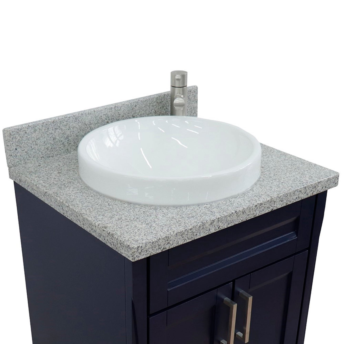25" Single sink vanity in Blue finish with Gray granite and round sink