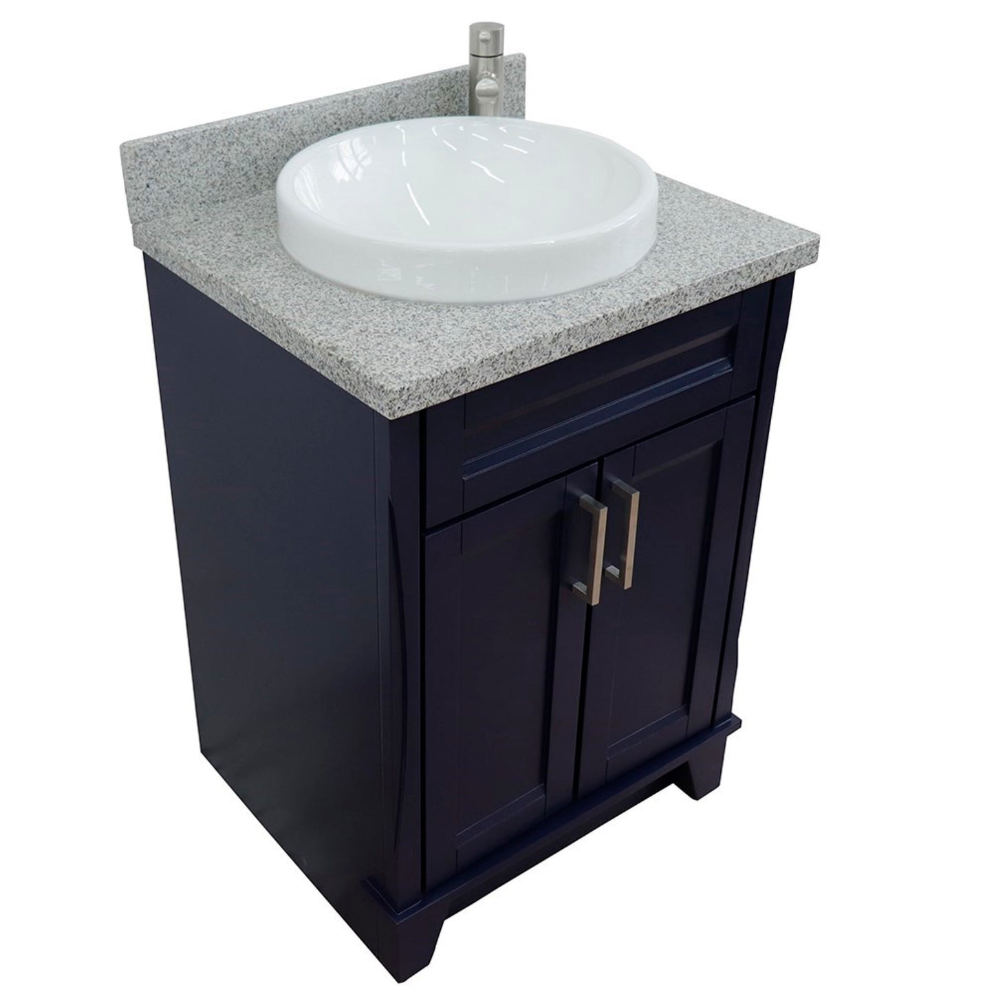 25" Single sink vanity in Blue finish with Gray granite and round sink