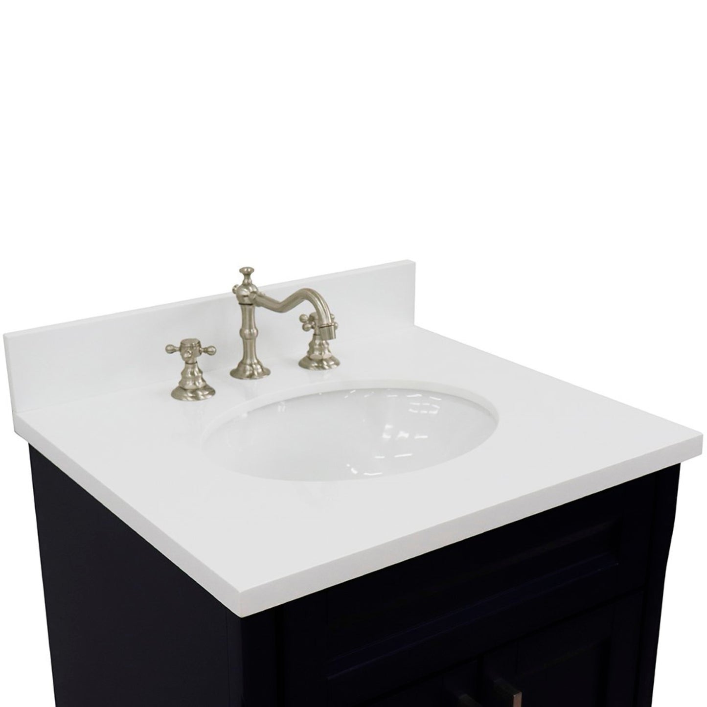25" Single sink vanity in Blue finish with White engineered stone and oval sink