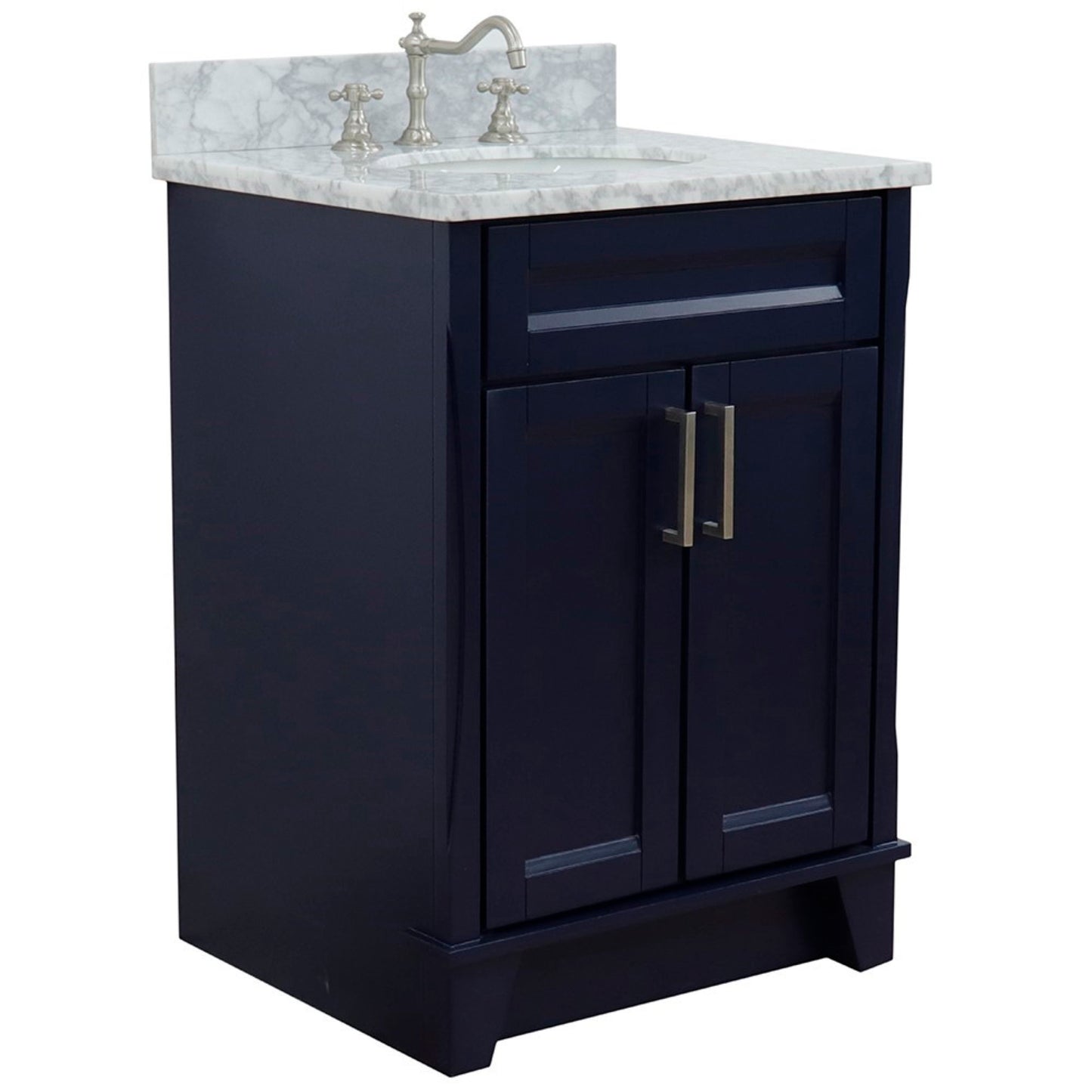 25" Single sink vanity in Blue finish with White Carrara marble and oval sink