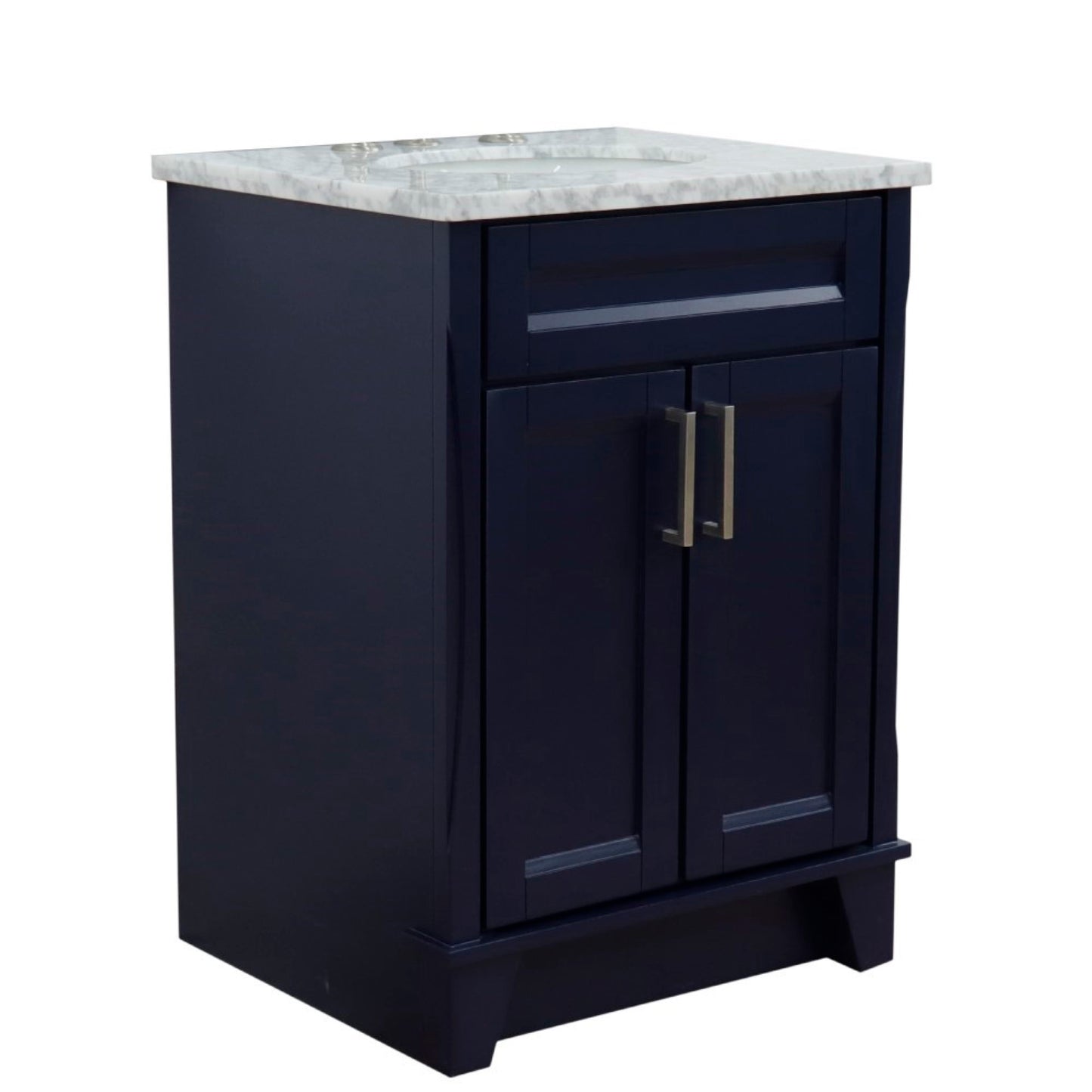 25" Single sink vanity in Blue finish with White Carrara marble and oval sink