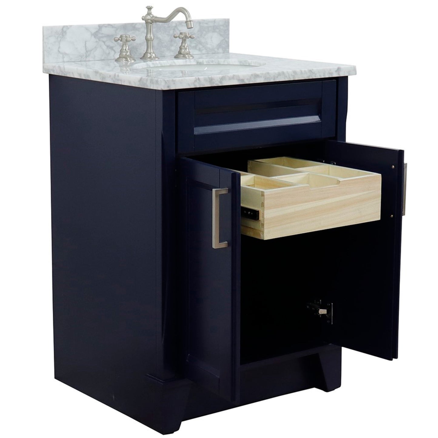 25" Single sink vanity in Blue finish with White Carrara marble and oval sink