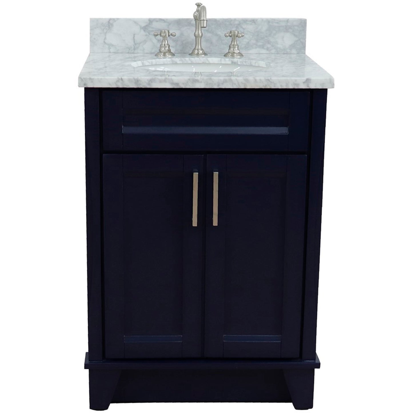 25" Single sink vanity in Blue finish with White Carrara marble and oval sink