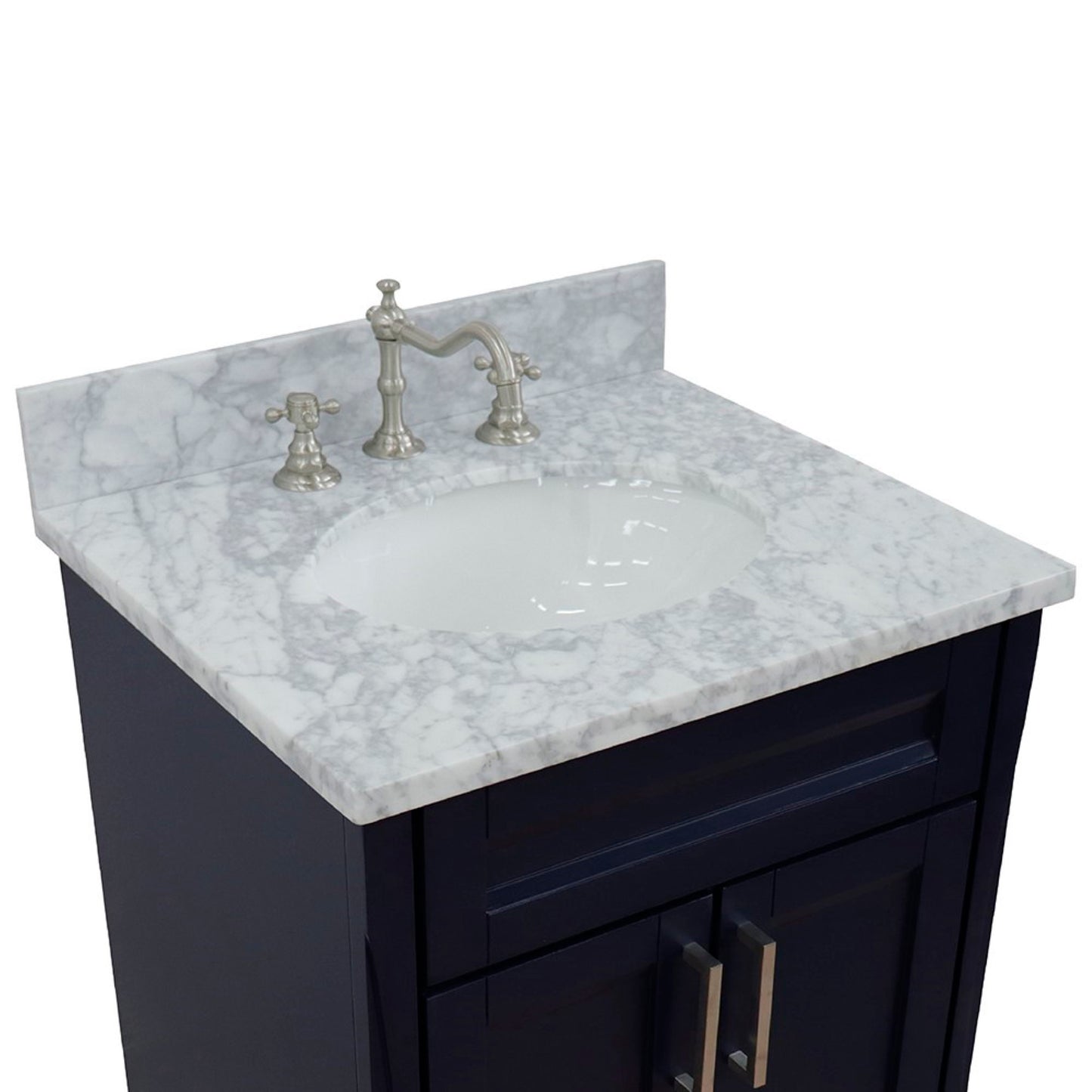 25" Single sink vanity in Blue finish with White Carrara marble and oval sink