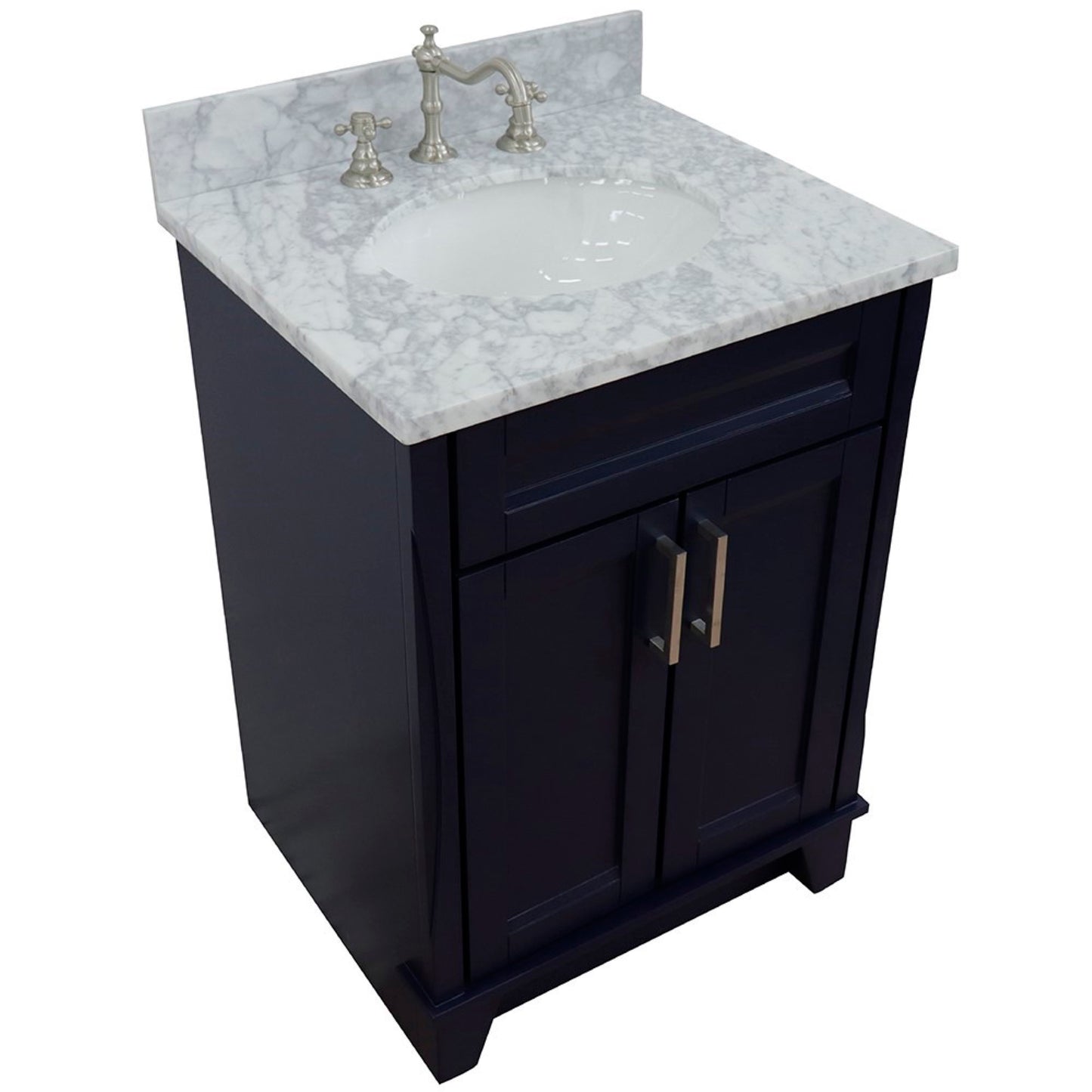 25" Single sink vanity in Blue finish with White Carrara marble and oval sink