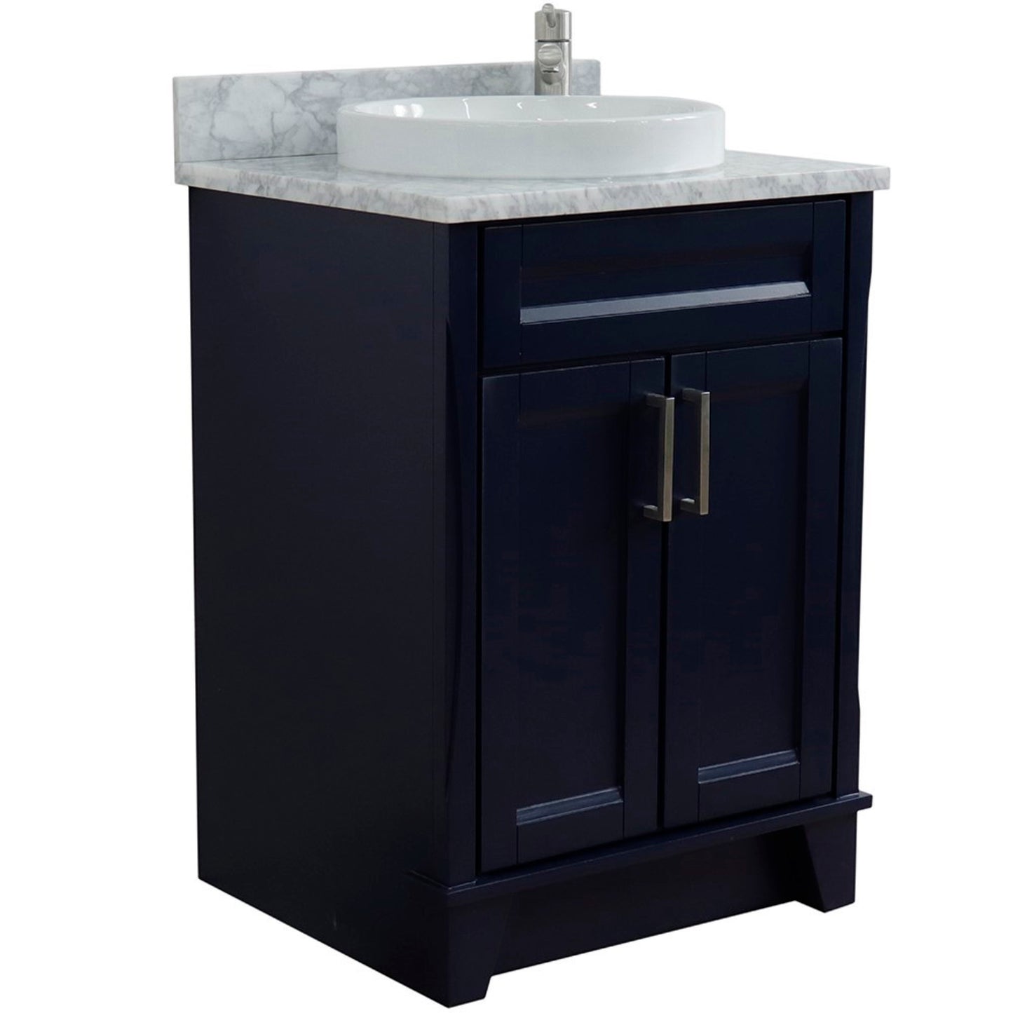 25" Single sink vanity in Blue finish with White Carrara marble and round sink