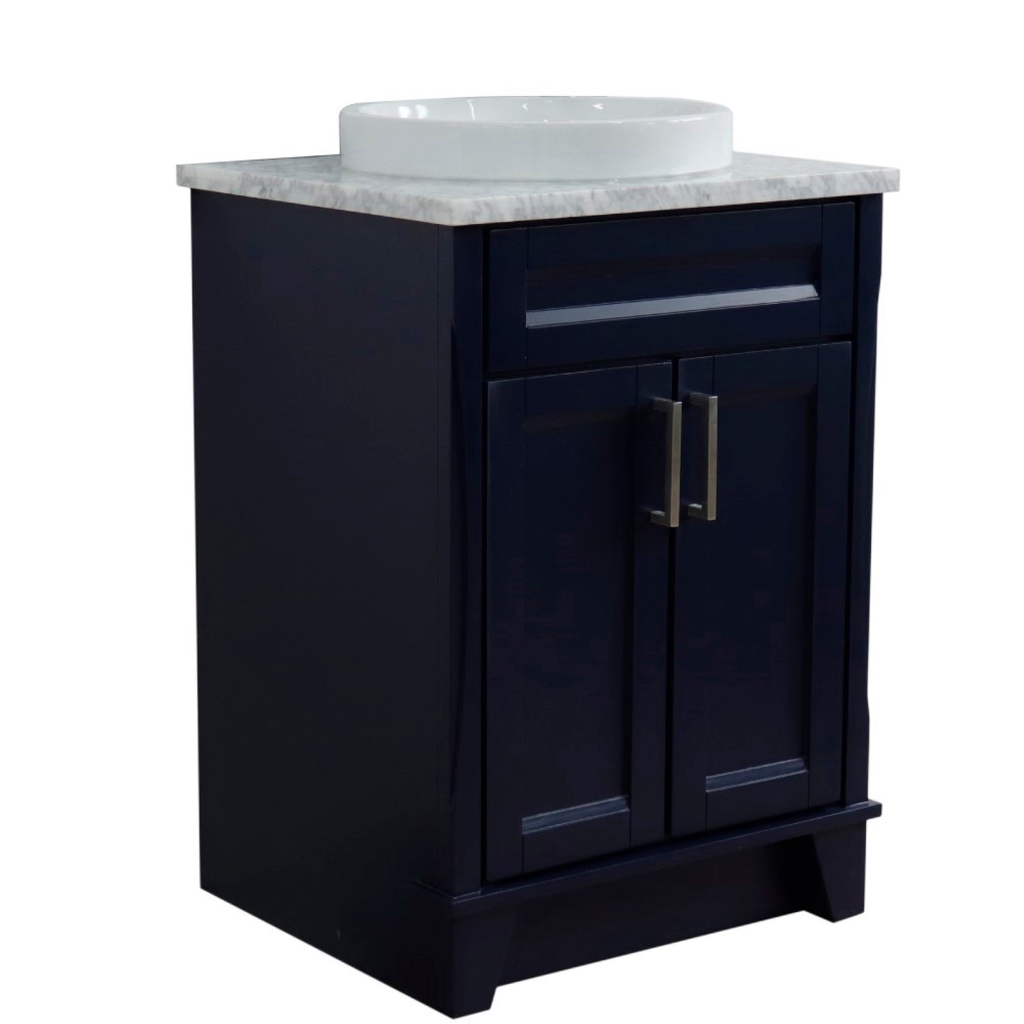 25" Single sink vanity in Blue finish with White Carrara marble and round sink