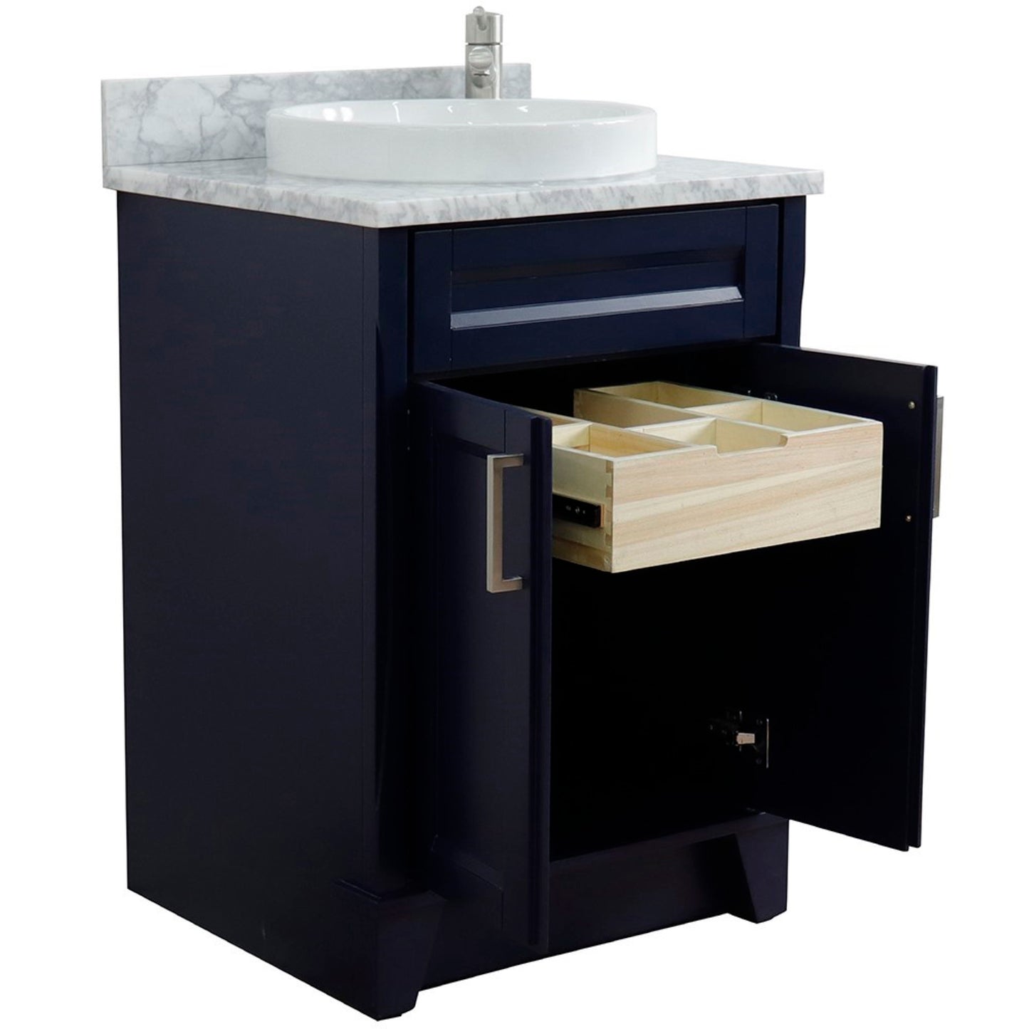 25" Single sink vanity in Blue finish with White Carrara marble and round sink