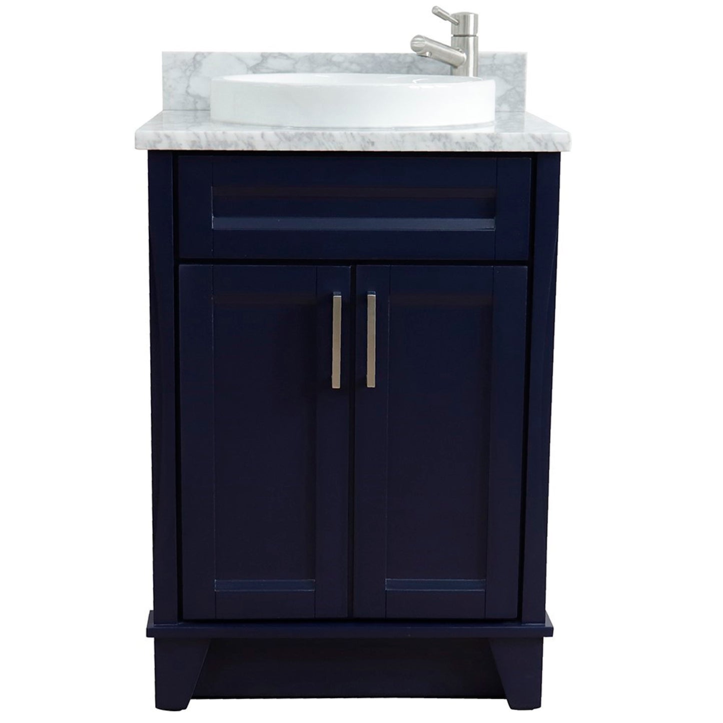 25" Single sink vanity in Blue finish with White Carrara marble and round sink
