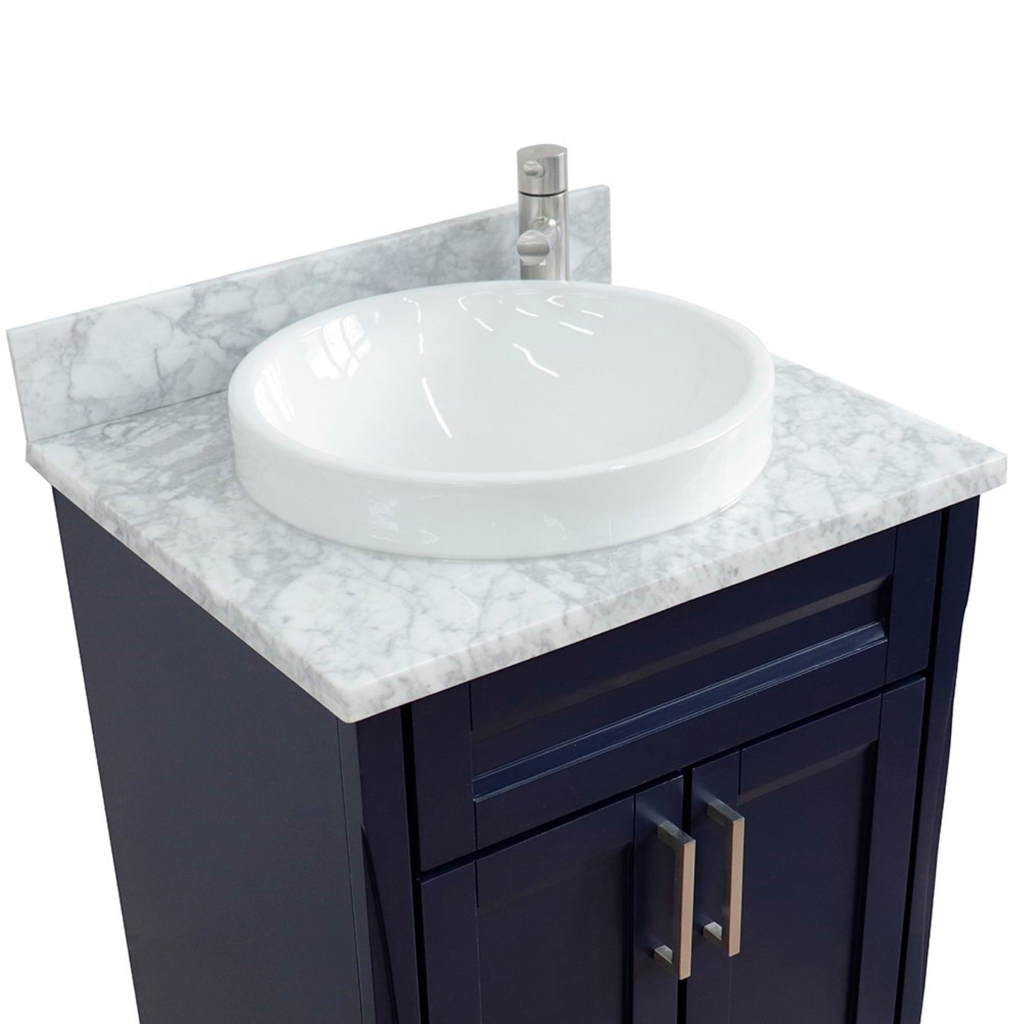 25" Single sink vanity in Blue finish with White Carrara marble and round sink