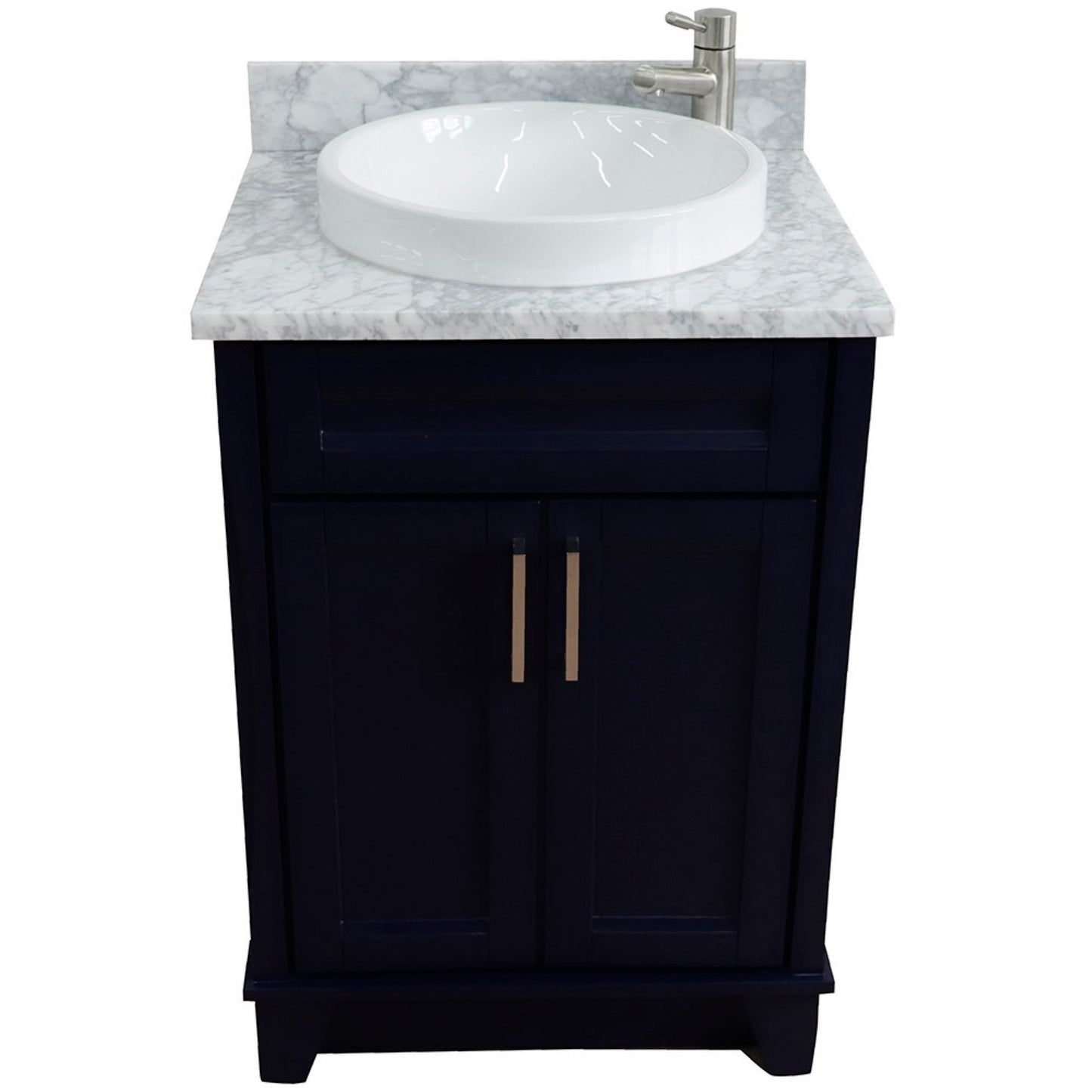 25" Single sink vanity in Blue finish with White Carrara marble and round sink