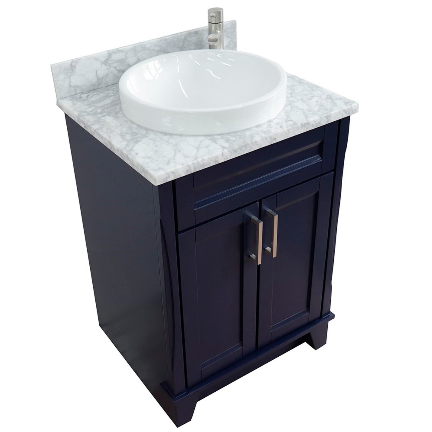 25" Single sink vanity in Blue finish with White Carrara marble and round sink
