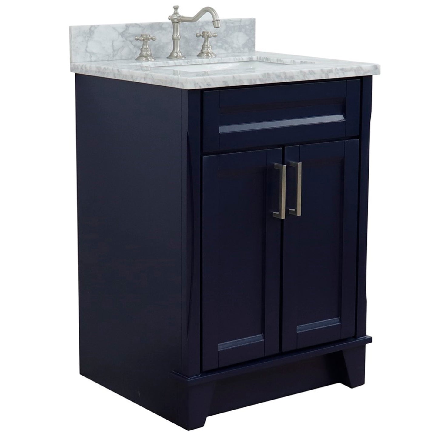 25" Single sink vanity in Blue finish with White Carrara marble and rectangle sink
