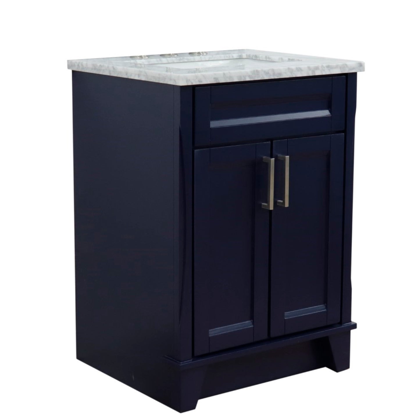 25" Single sink vanity in Blue finish with White Carrara marble and rectangle sink