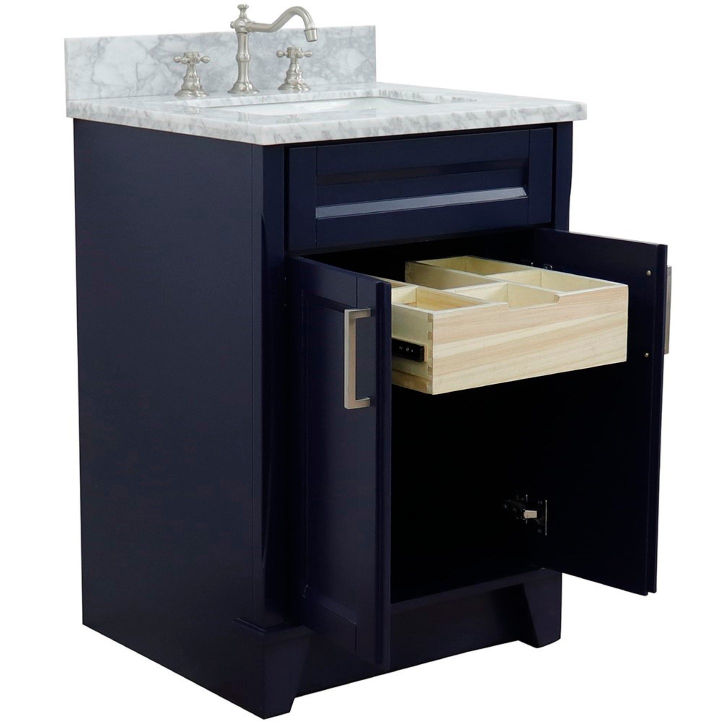 25" Single sink vanity in Blue finish with White Carrara marble and rectangle sink