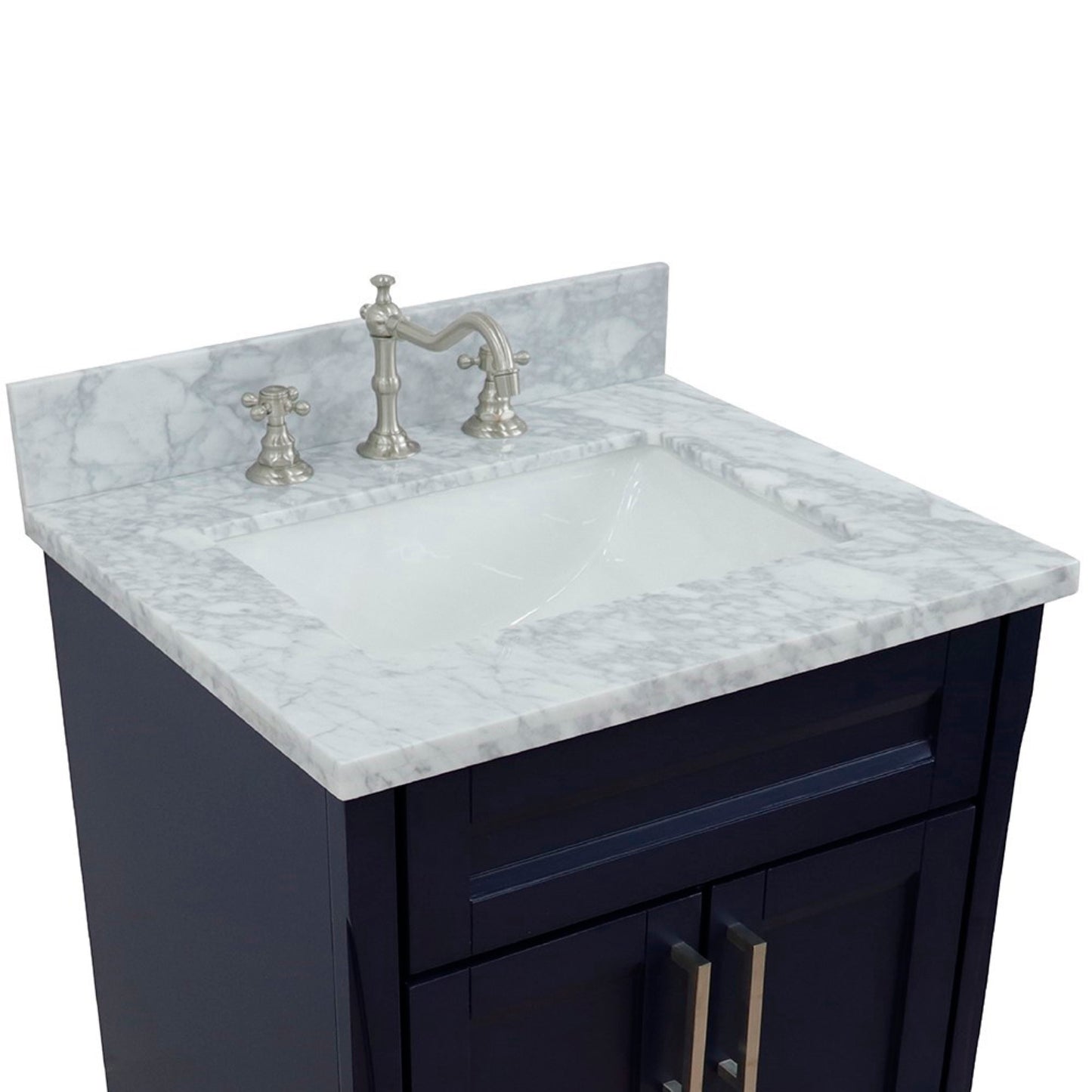 25" Single sink vanity in Blue finish with White Carrara marble and rectangle sink