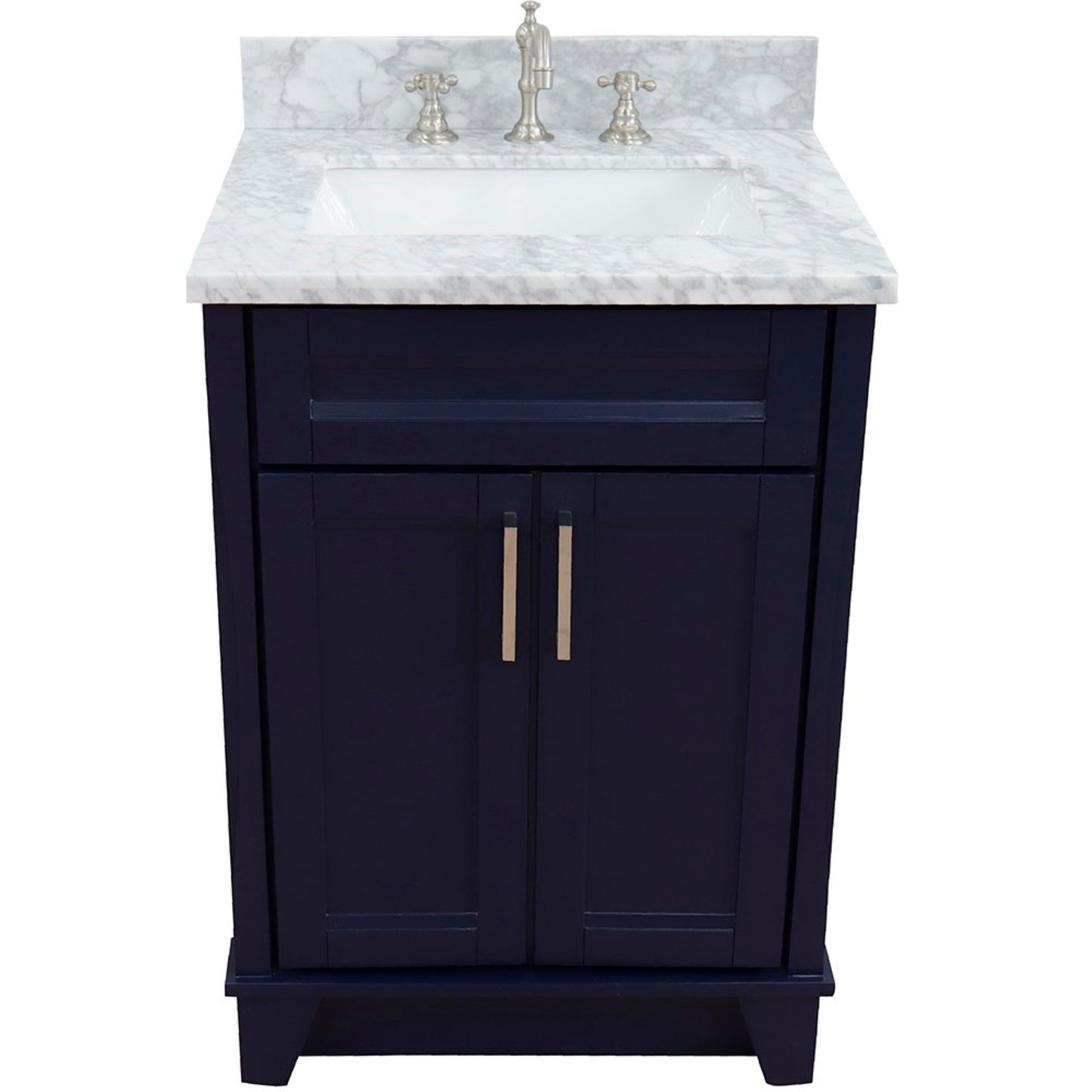25" Single sink vanity in Blue finish with White Carrara marble and rectangle sink