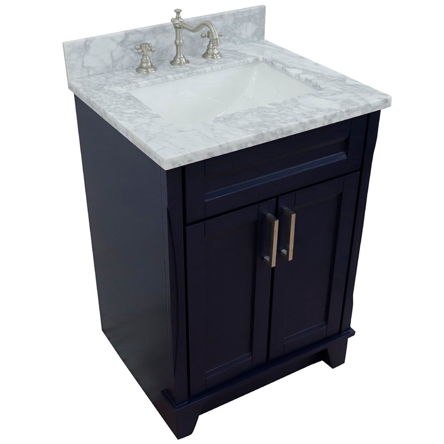 25" Single sink vanity in Blue finish with White Carrara marble and rectangle sink