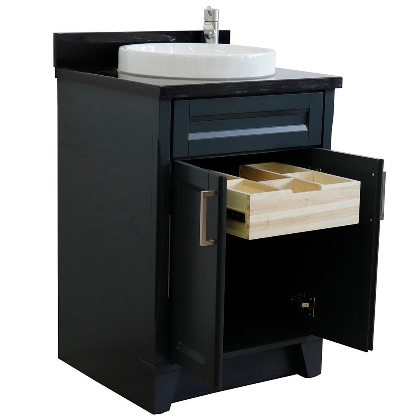 25" Single sink vanity in Dark Gray finish with Black galaxy granite and round sink