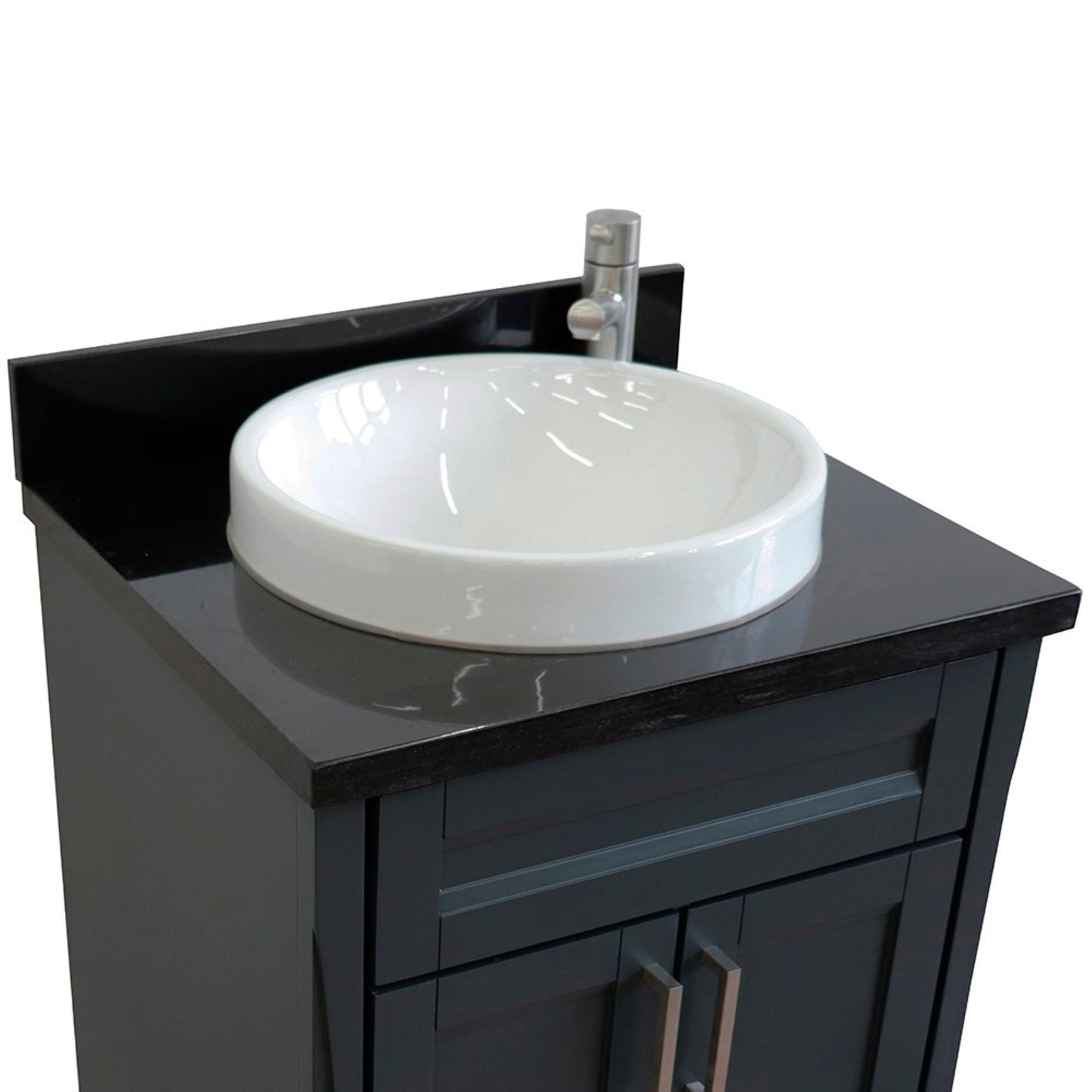 25" Single sink vanity in Dark Gray finish with Black galaxy granite and round sink