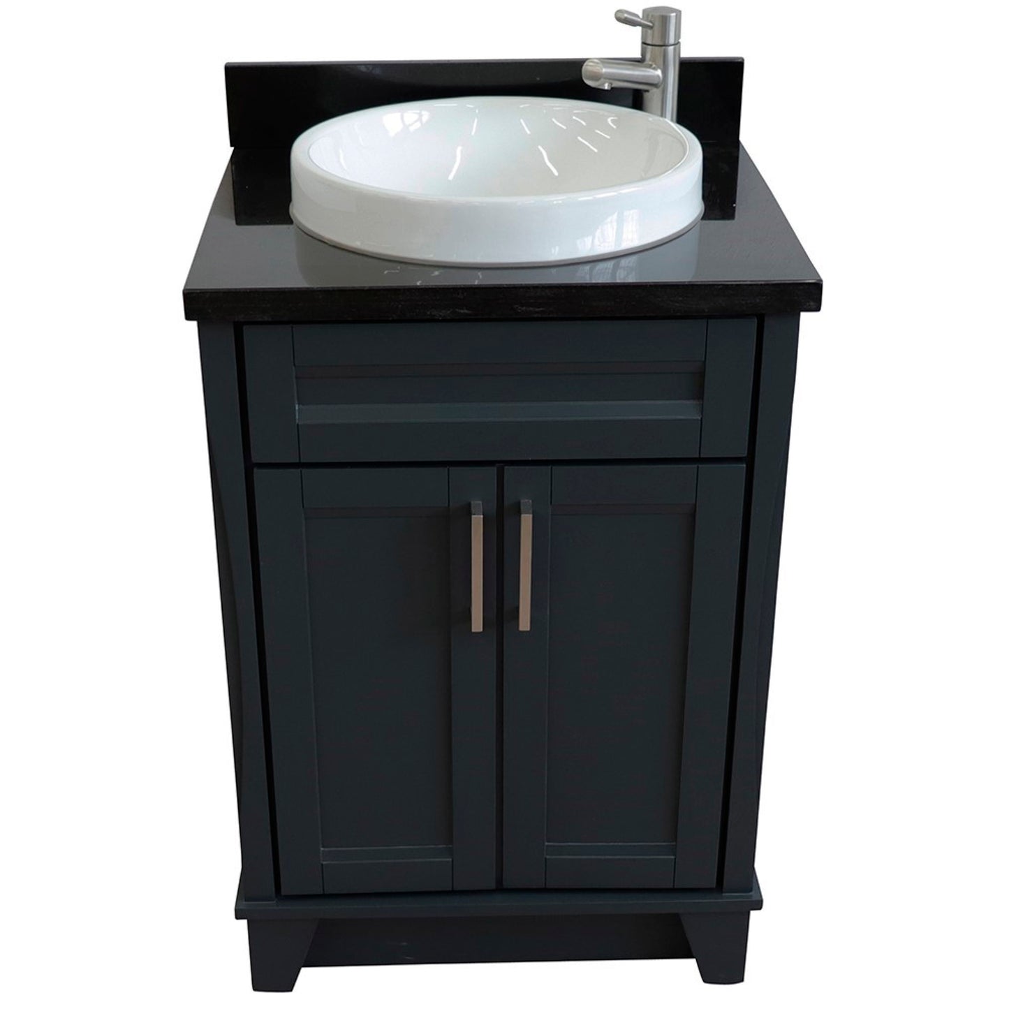 25" Single sink vanity in Dark Gray finish with Black galaxy granite and round sink