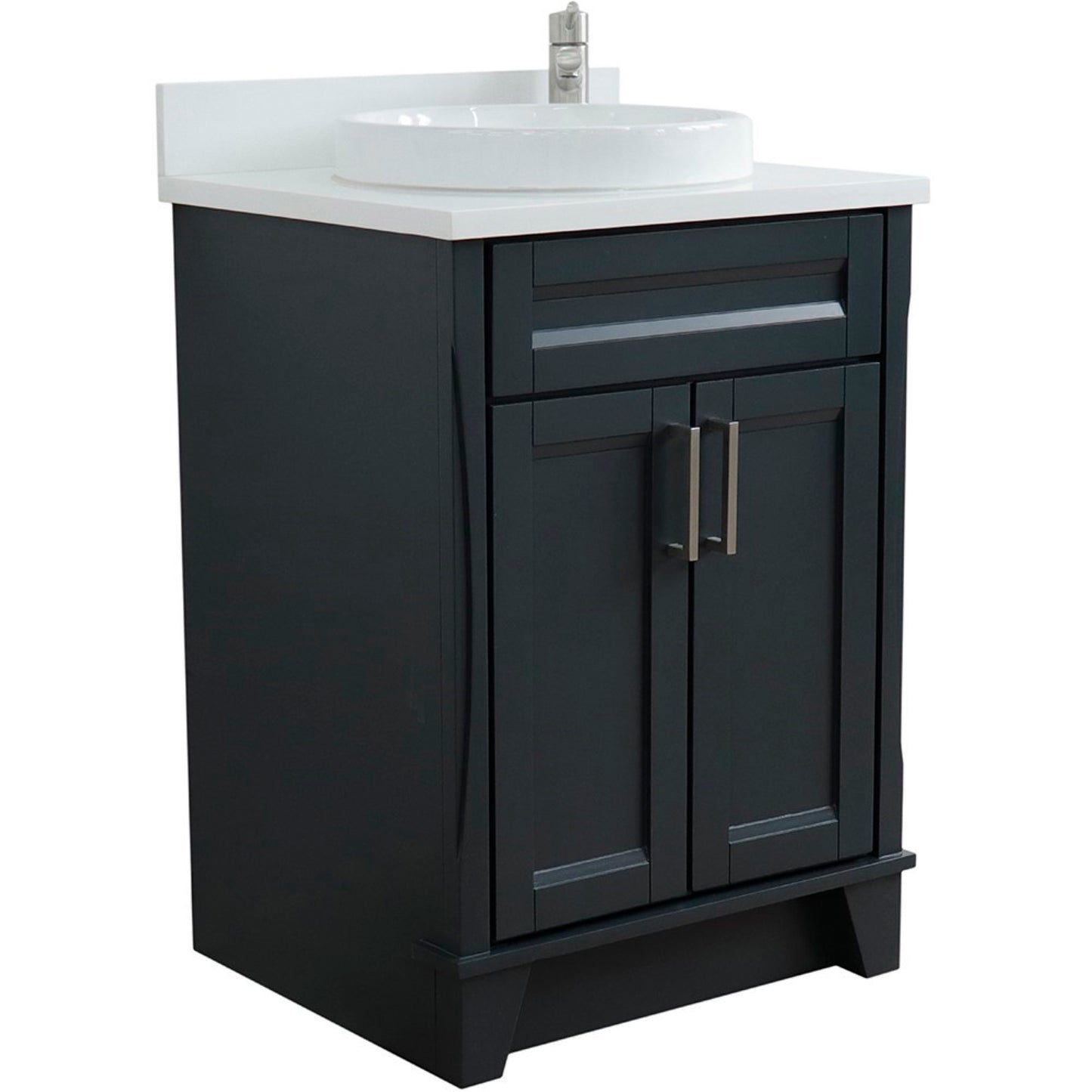 25" Single sink vanity in Dark Gray finish with White engineered stone and round sink