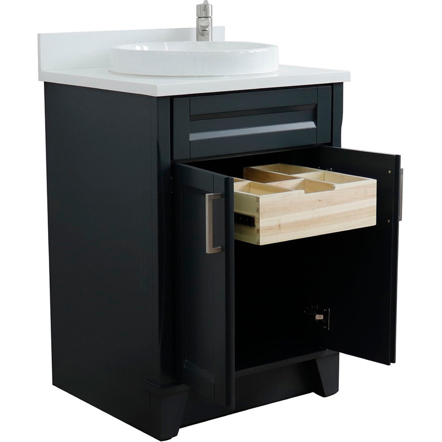 25" Single sink vanity in Dark Gray finish with White engineered stone and round sink