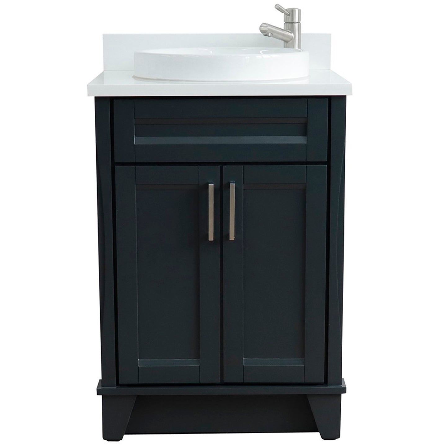 25" Single sink vanity in Dark Gray finish with White engineered stone and round sink