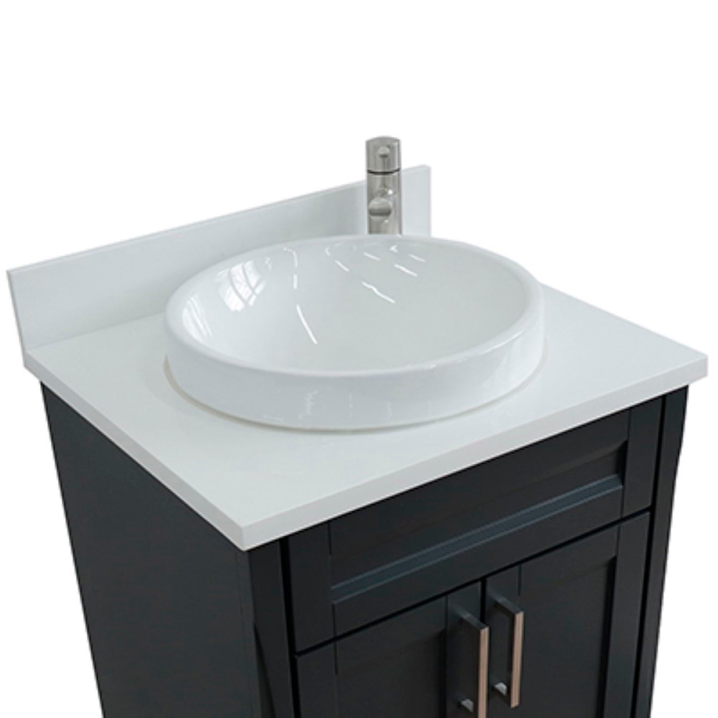 25" Single sink vanity in Dark Gray finish with White engineered stone and round sink
