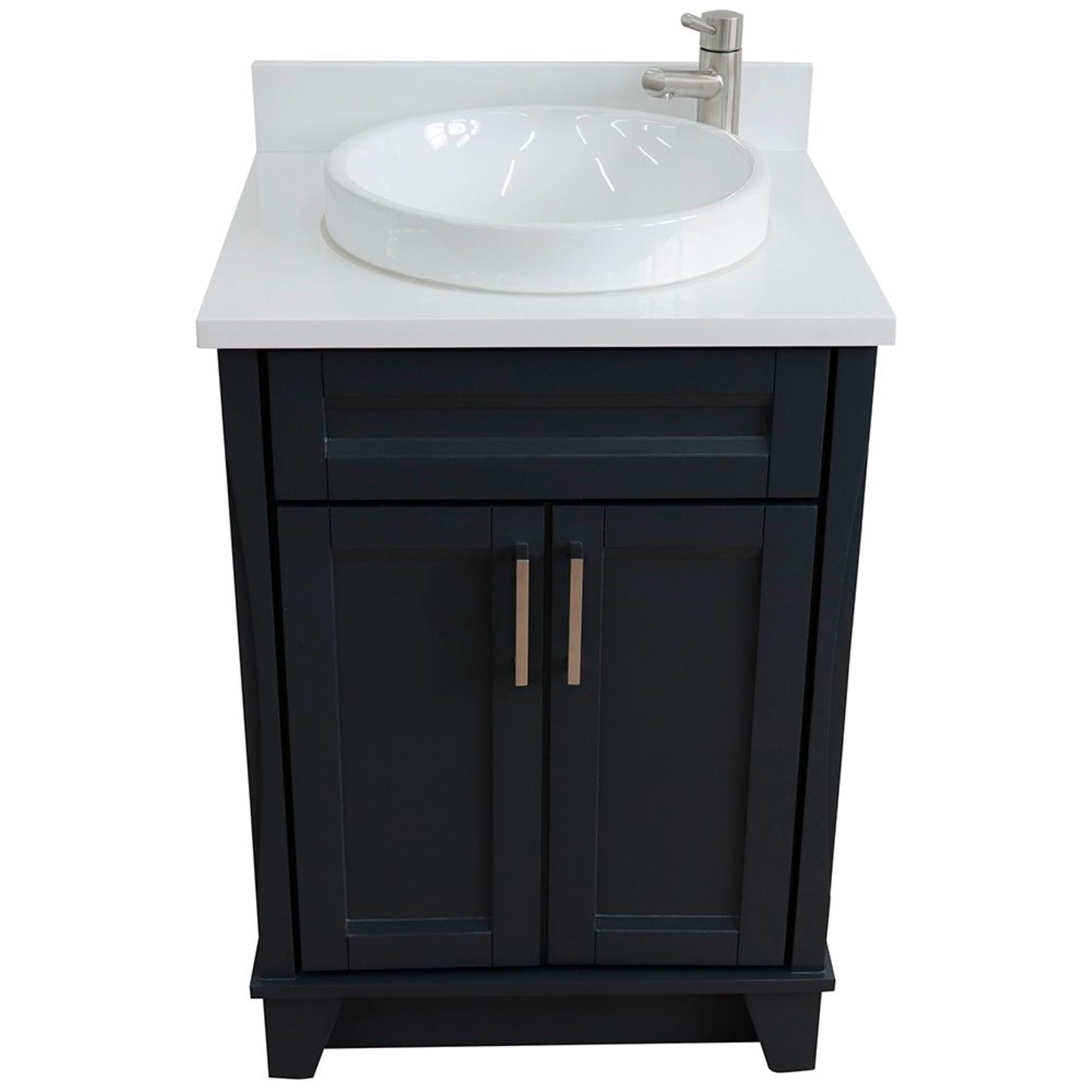 25" Single sink vanity in Dark Gray finish with White engineered stone and round sink
