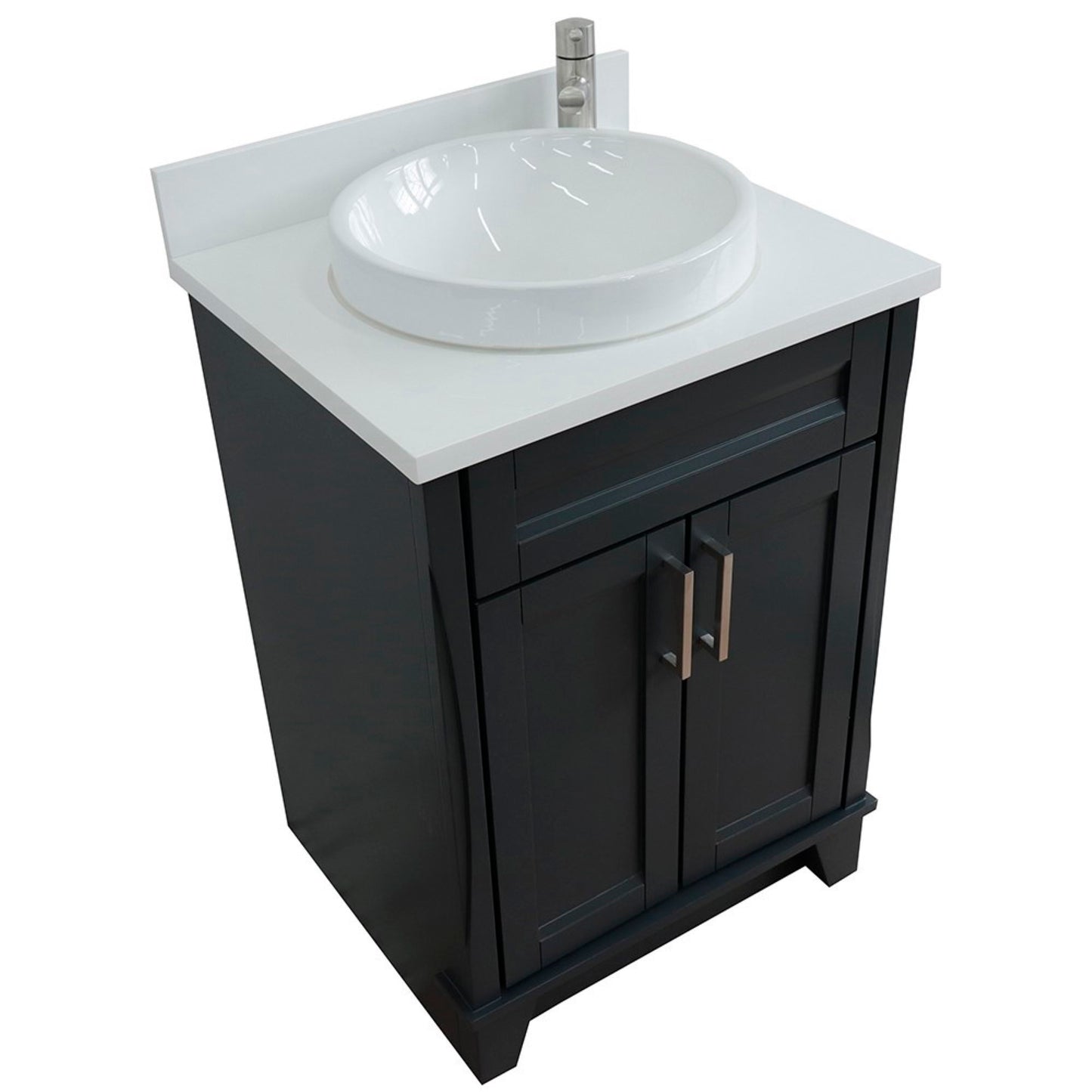 25" Single sink vanity in Dark Gray finish with White engineered stone and round sink