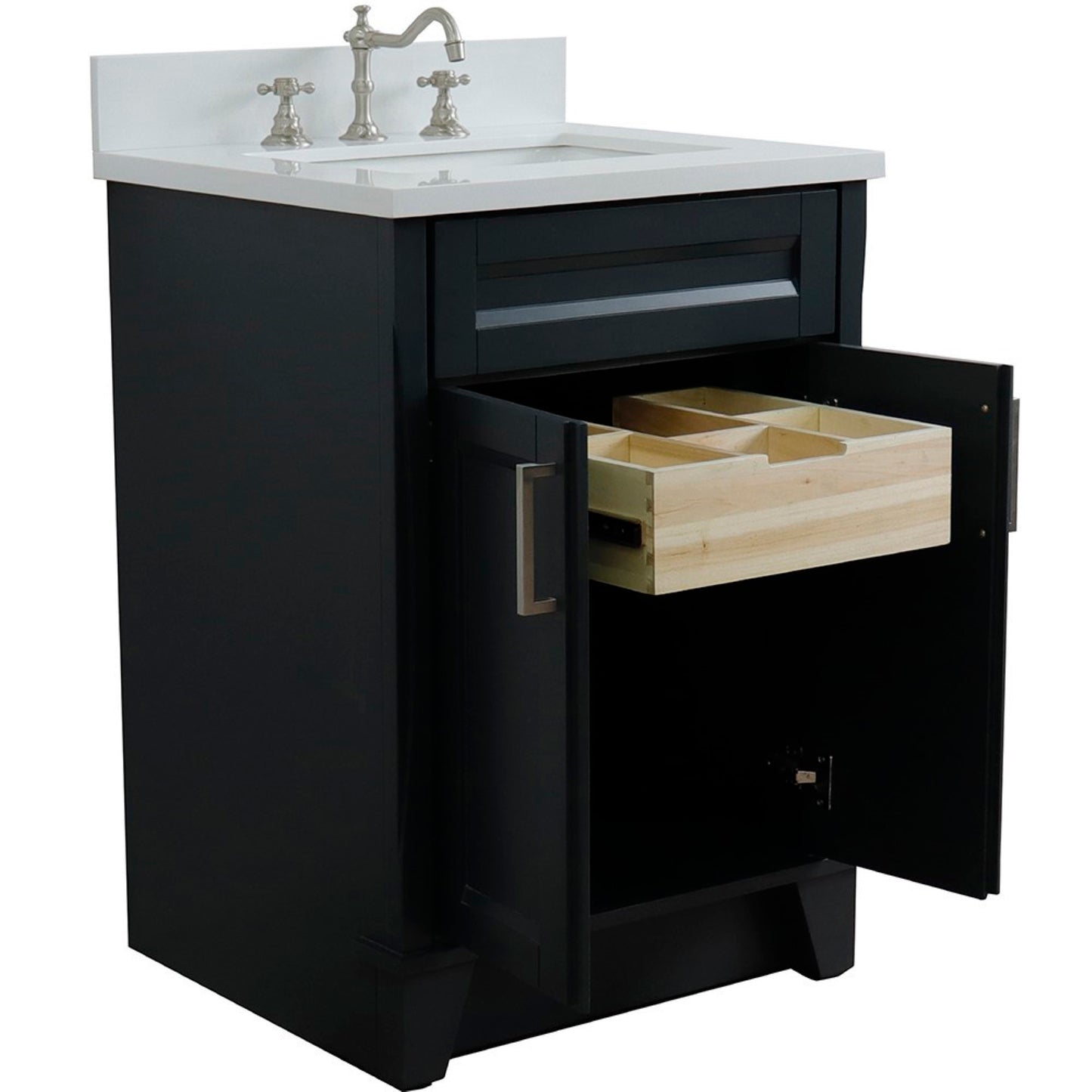 25" Single sink vanity in Dark Gray finish with White engineered stone and rectangle sink