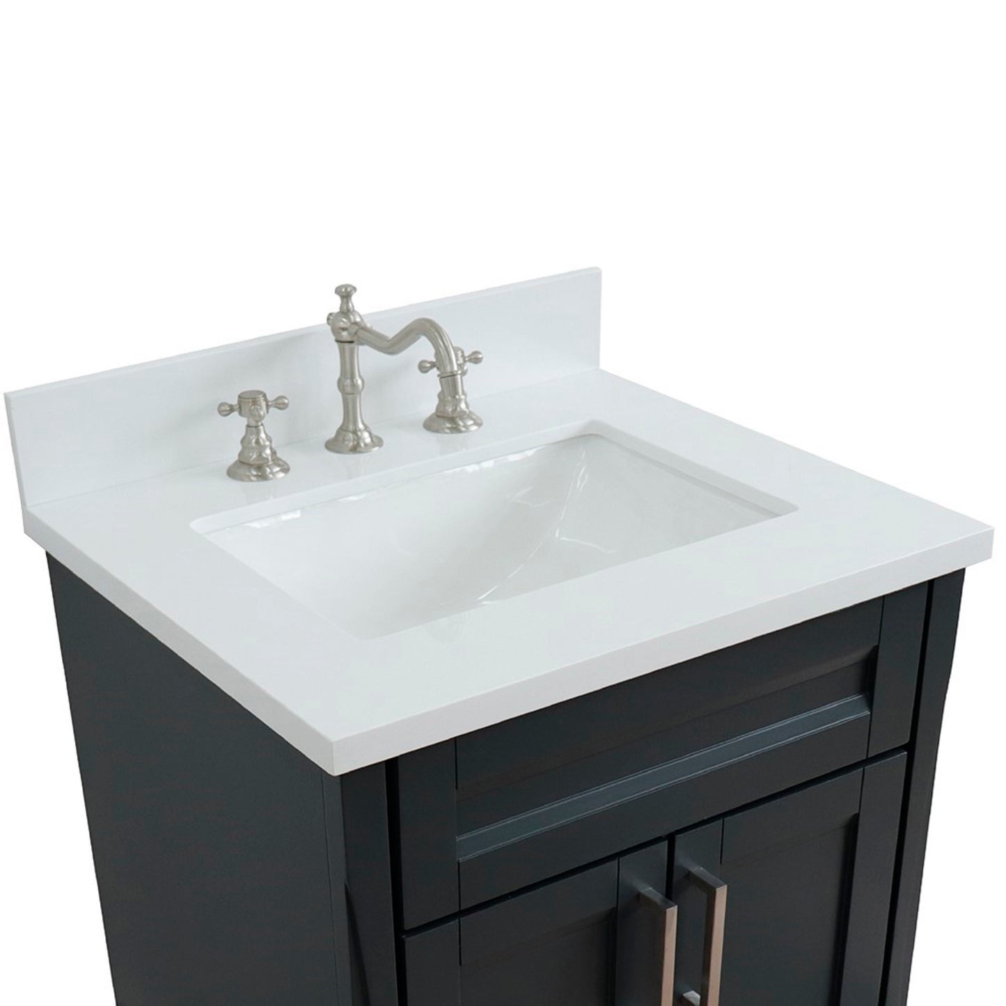 25" Single sink vanity in Dark Gray finish with White engineered stone and rectangle sink