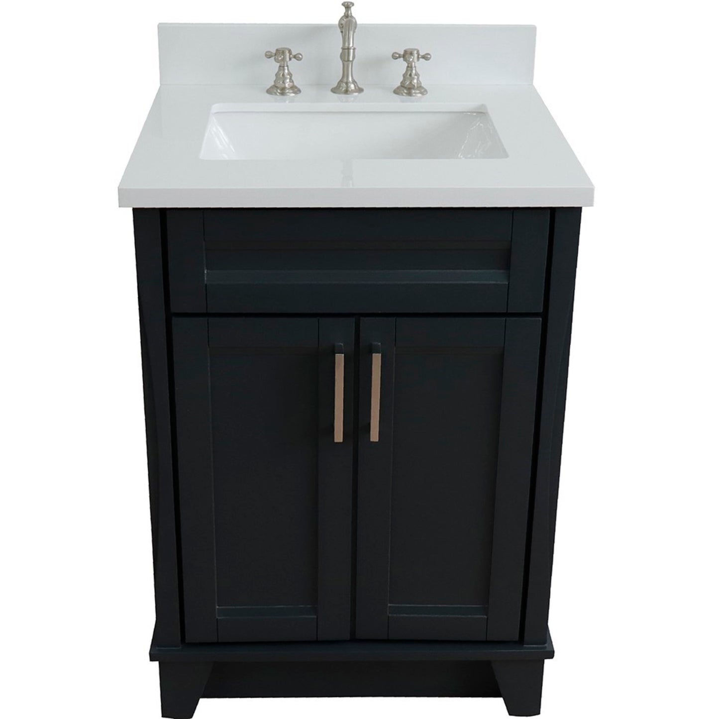 25" Single sink vanity in Dark Gray finish with White engineered stone and rectangle sink