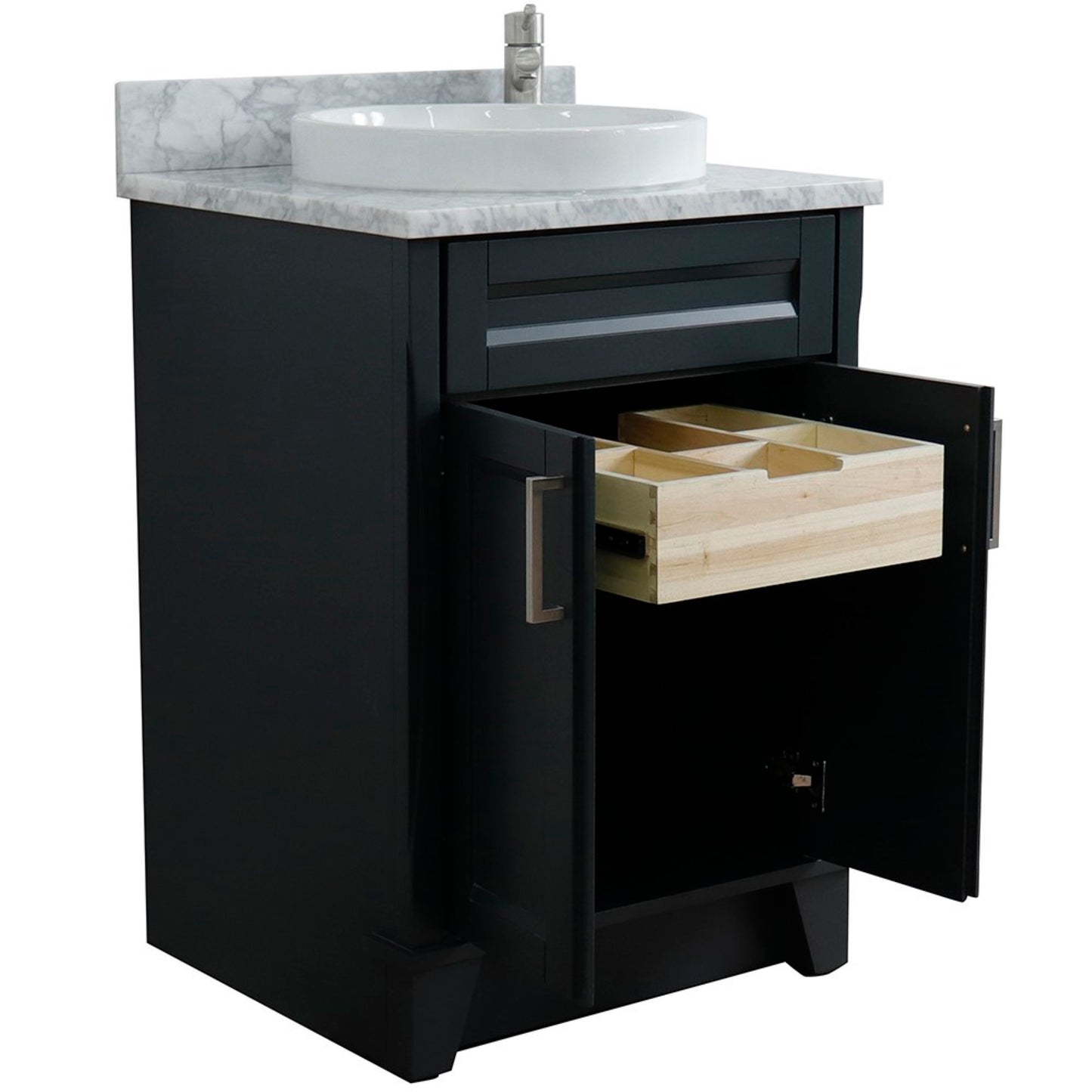 25" Single sink vanity in Dark Gray finish with White Carrara marble and round sink