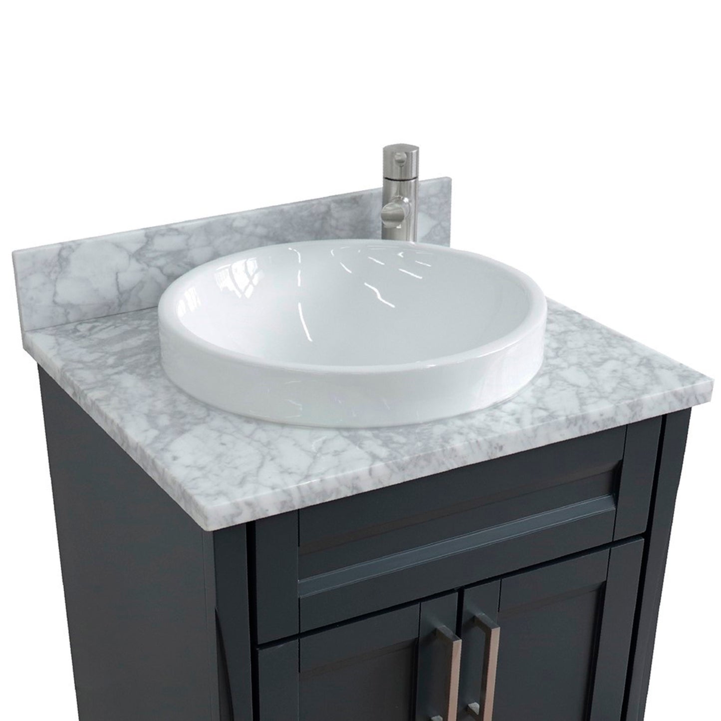 25" Single sink vanity in Dark Gray finish with White Carrara marble and round sink