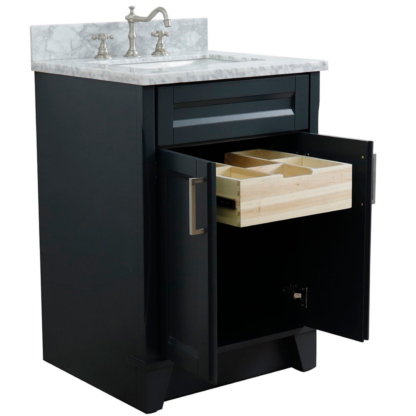 25" Single sink vanity in Dark Gray finish with White Carrara marble and rectangle sink