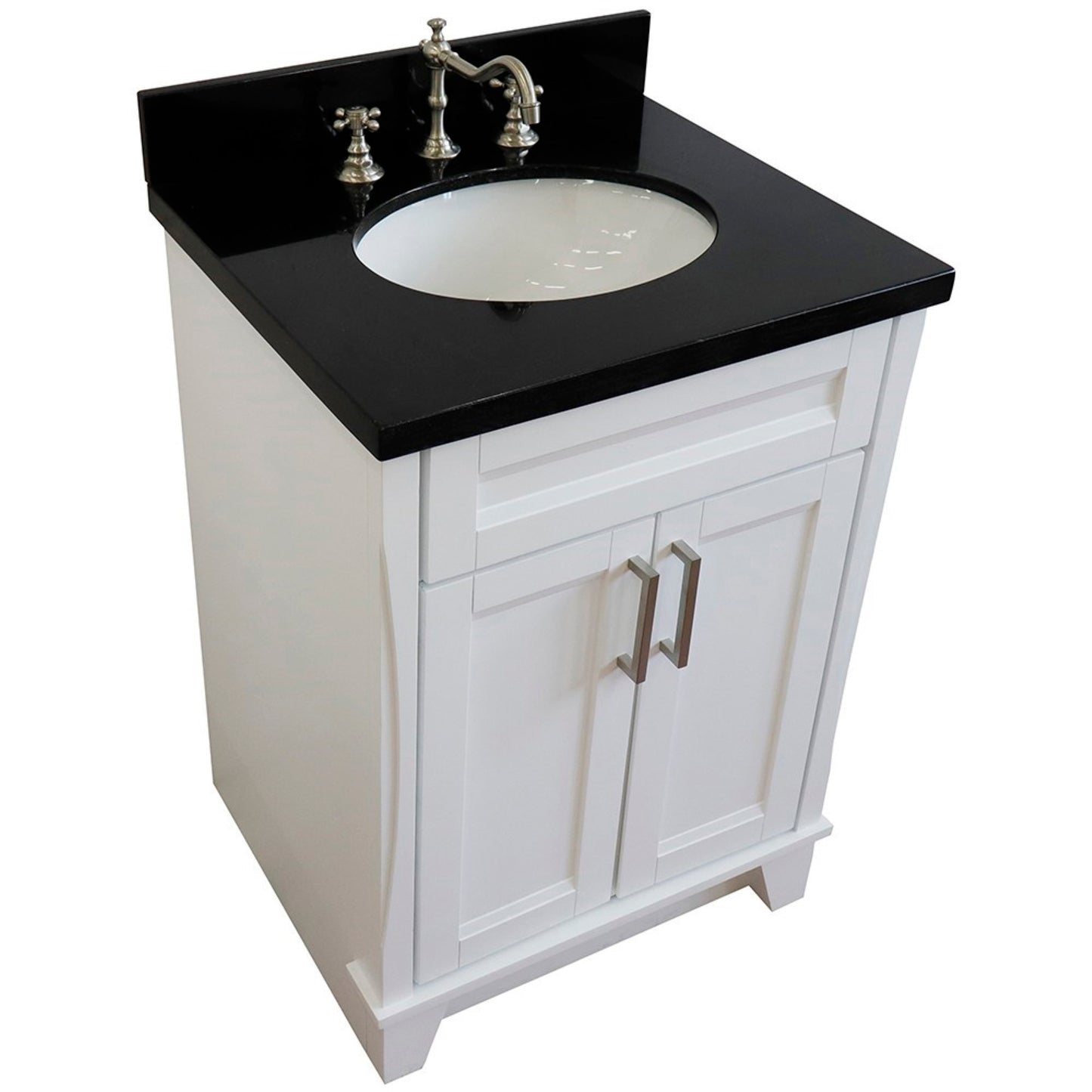 25" Single sink vanity in White finish with Black galaxy granite and oval sink