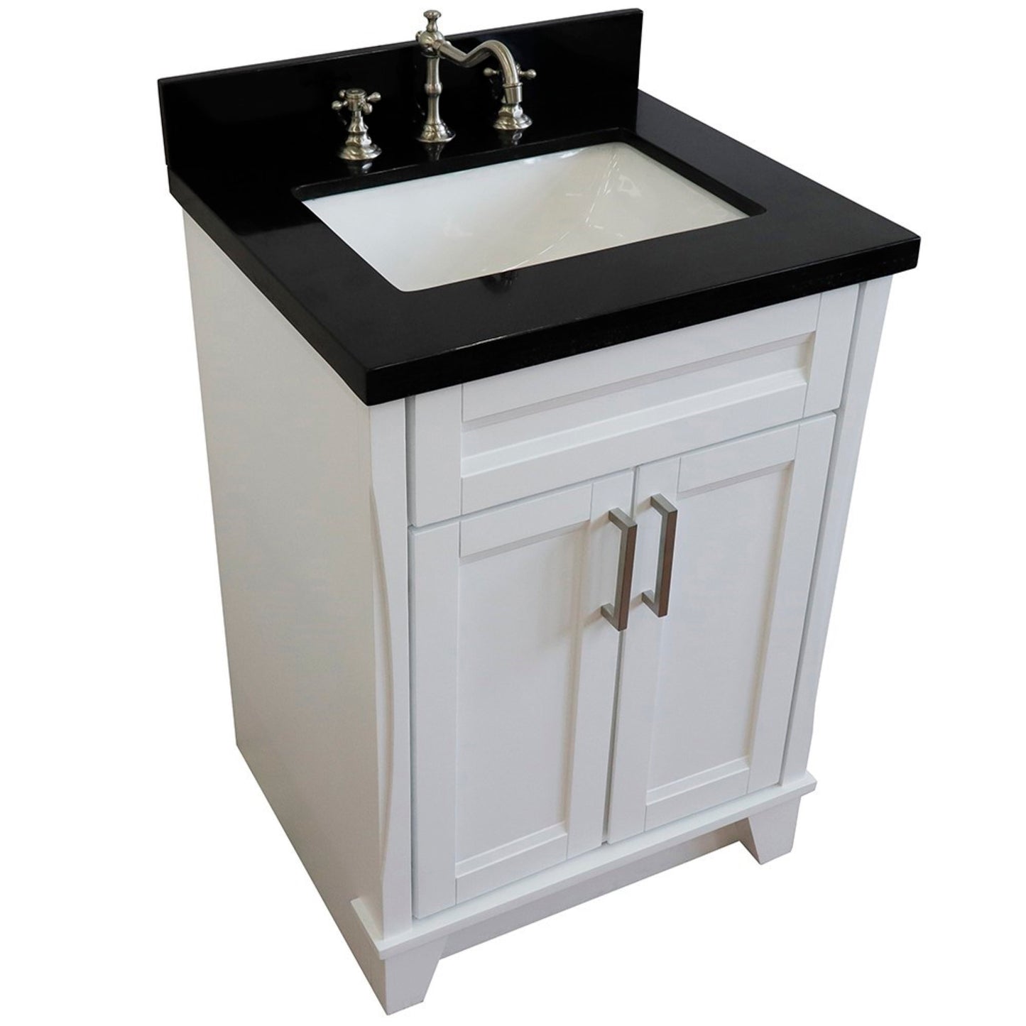 25" Single sink vanity in White finish with Black galaxy granite and rectangle sink