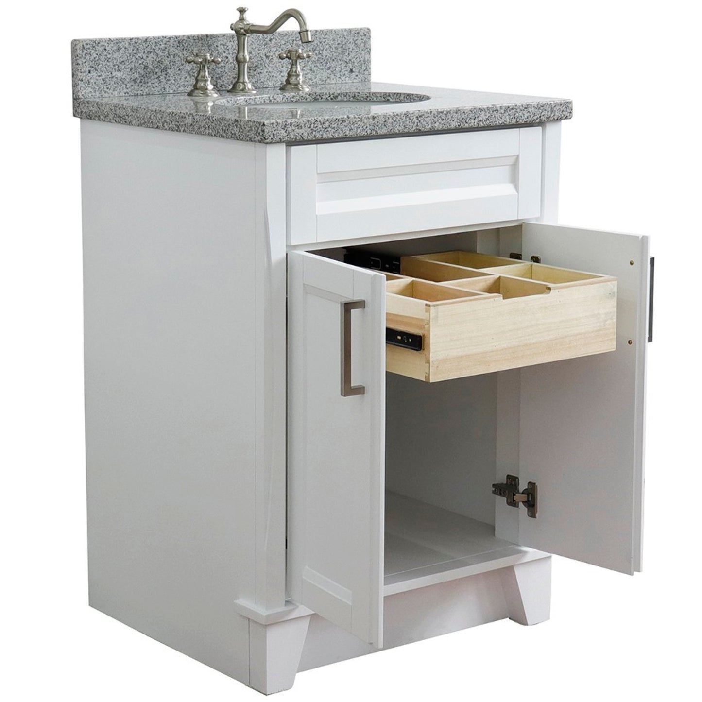 25" Single sink vanity in White finish with Gray granite and oval sink