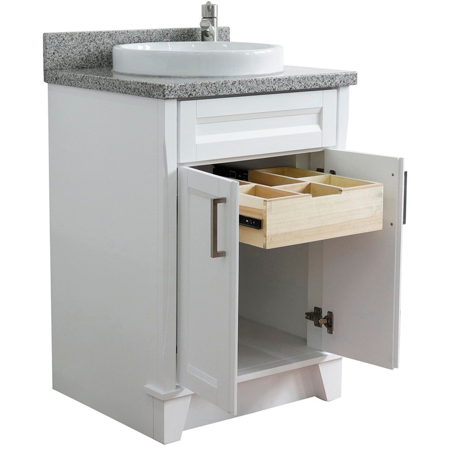25" Single sink vanity in White finish with Gray granite and round sink