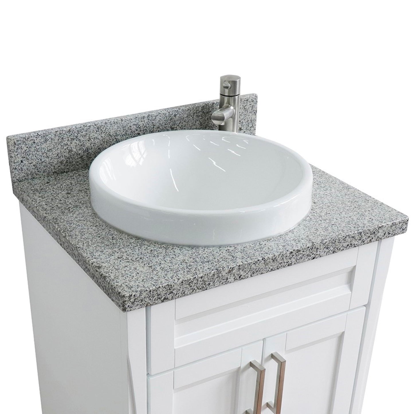 25" Single sink vanity in White finish with Gray granite and round sink