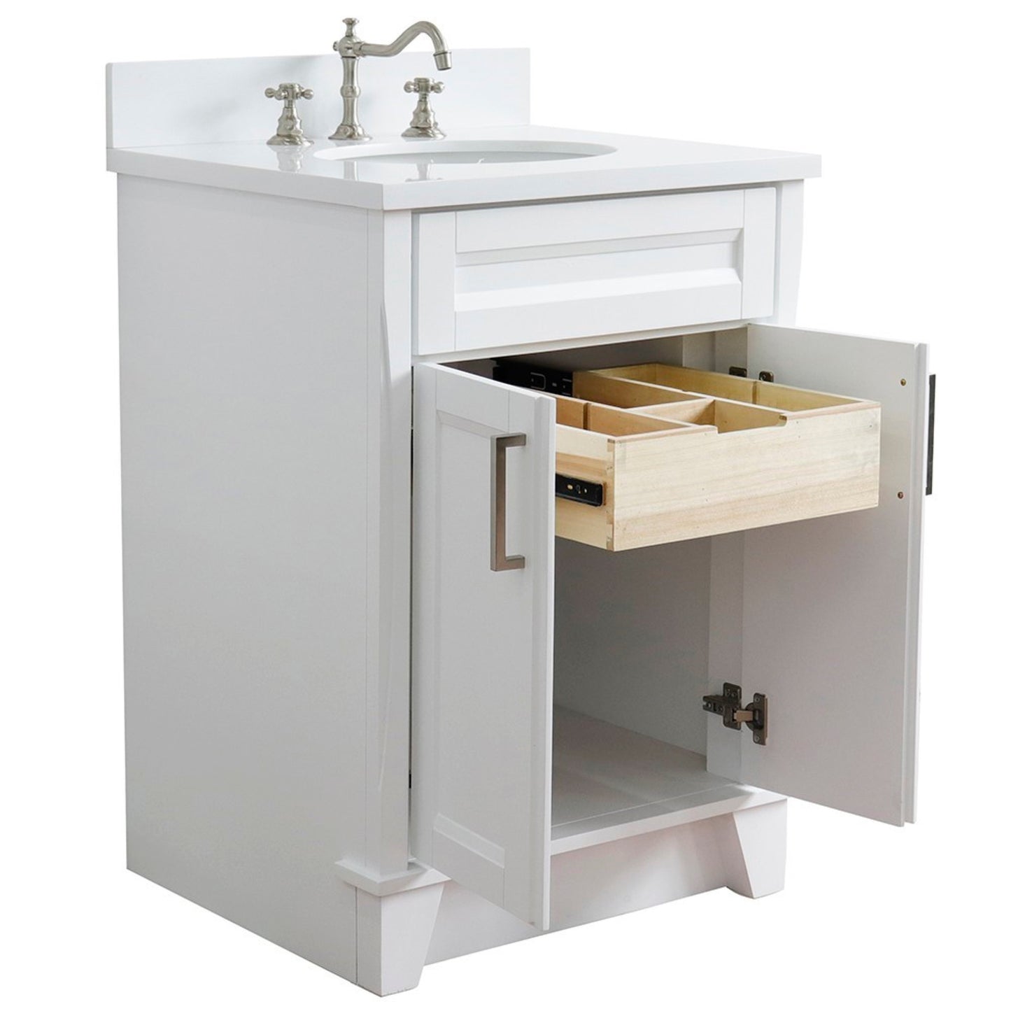 25" Single sink vanity in White finish with White engineered stone and oval sink