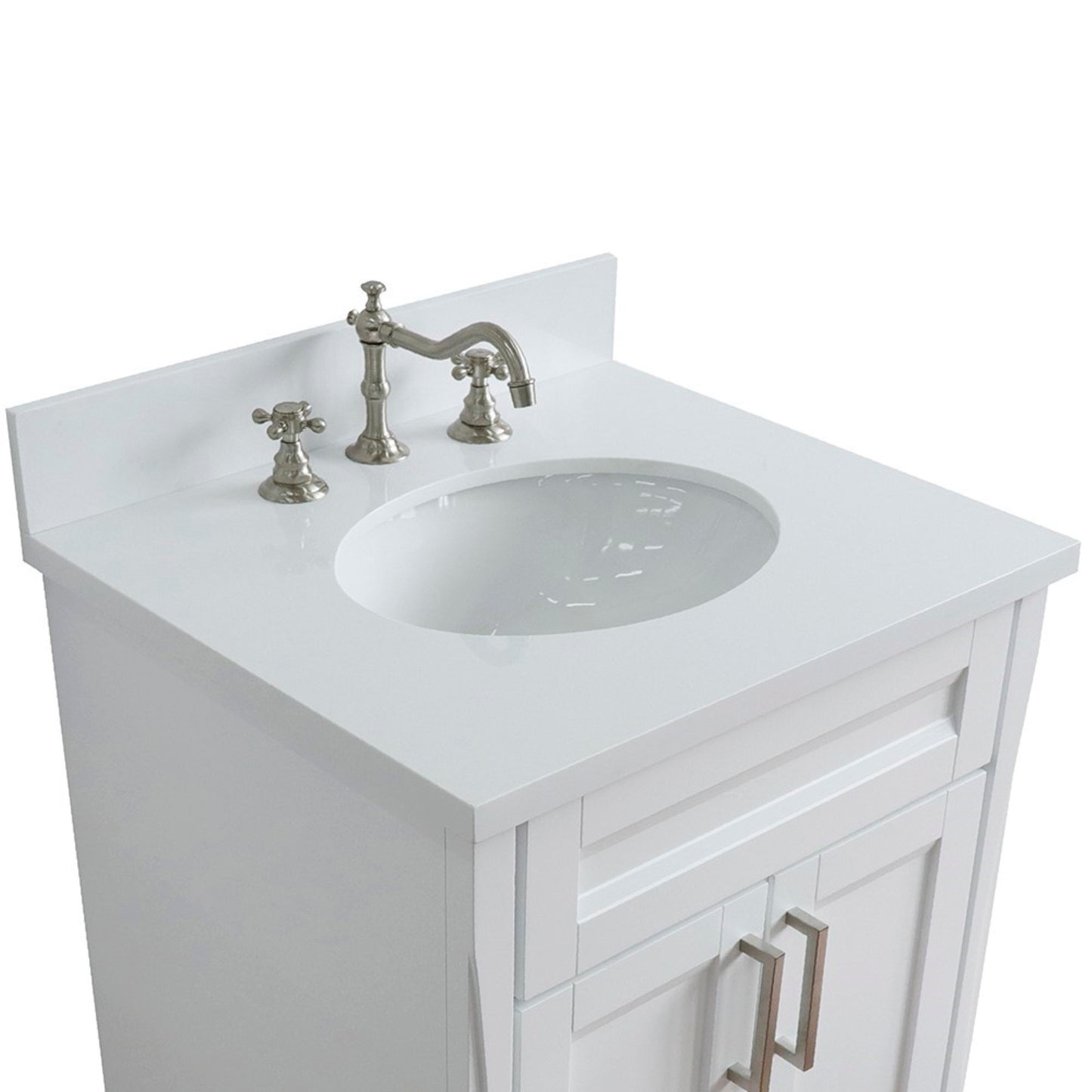 25" Single sink vanity in White finish with White engineered stone and oval sink
